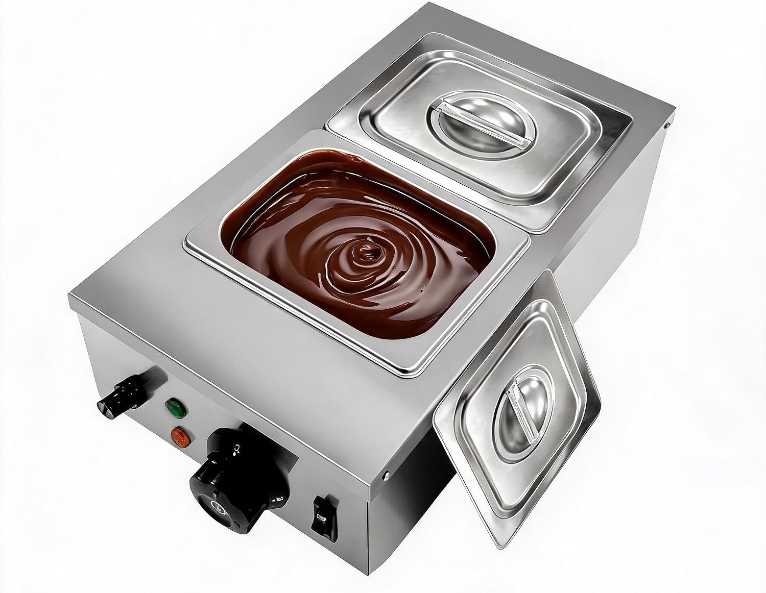 Commercial Food Warmer, 2 Tanks Chocolate Tempering Machine with Lid, Stainless Steel Electric Melting Pot for Cheese, Chocolate, 800 W