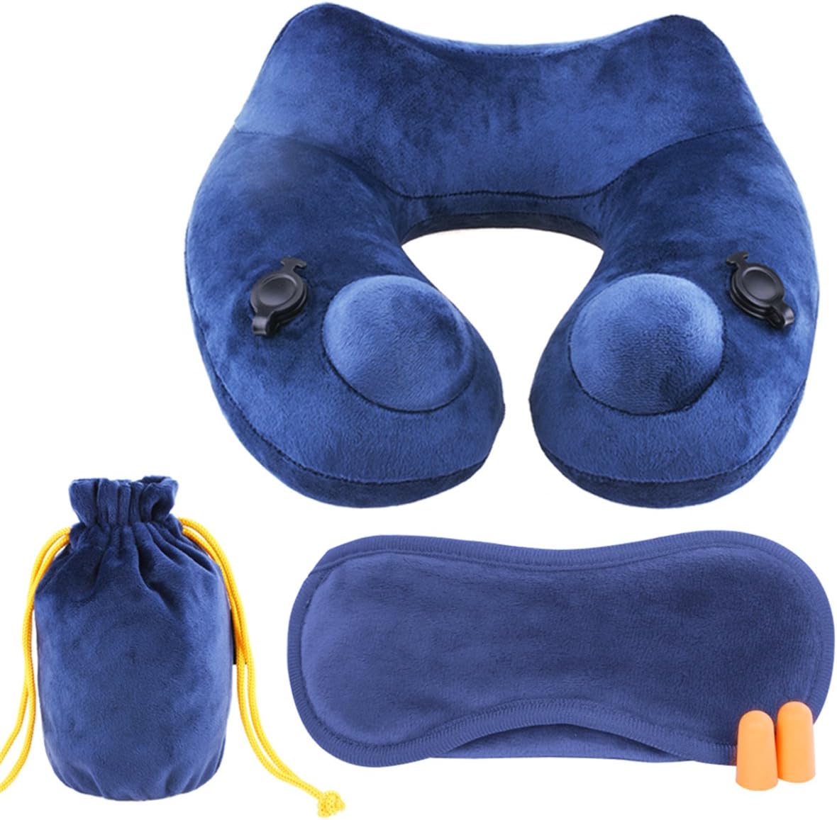 Inflatable Travel Pillow, Push-Button Quick 10 Seconds Inflating U Shaped Neck Pillow for Airplane Travel with Ear Plugs, 3D Eye Mask and Packsack