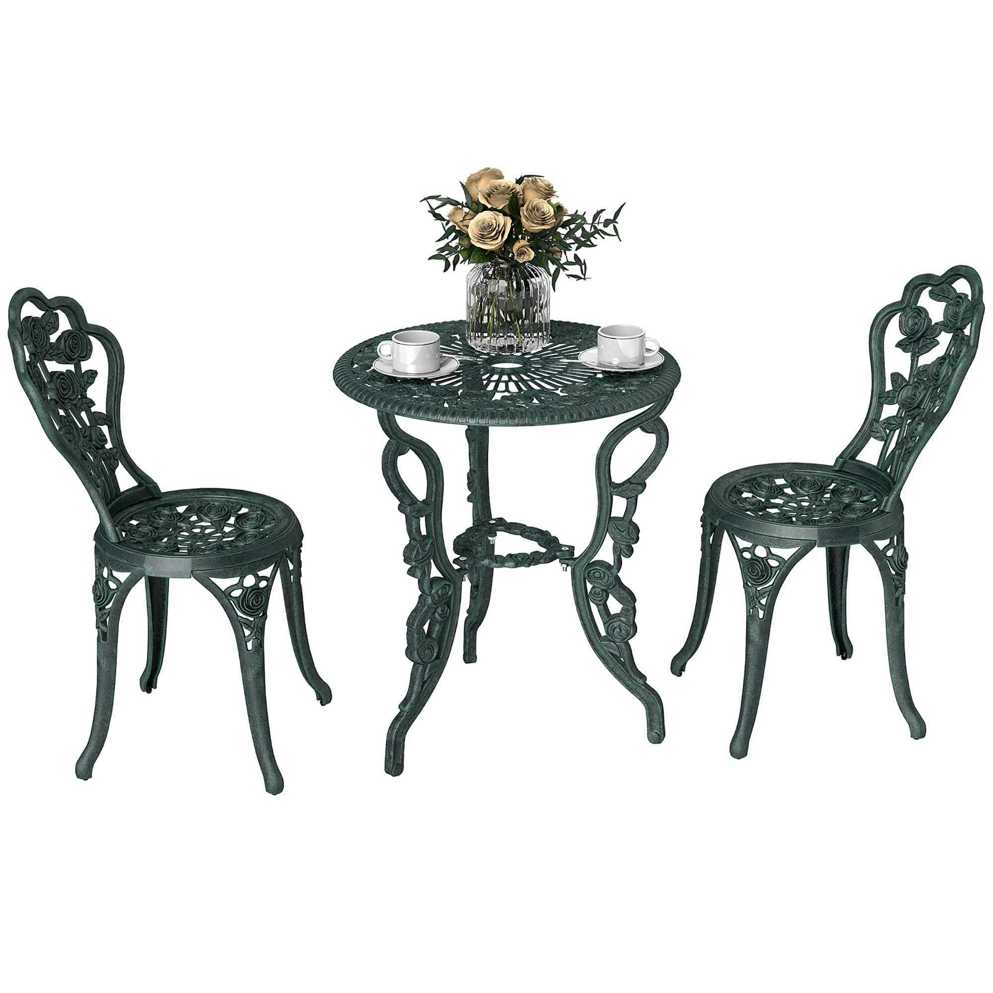 Outsunny Ensemble Salon de Jardin 2 Places 2 chaises + Table Ronde Style néo-​rétro Motif Rose Lignes fuselées Fonte d'aluminium Vert Vieilli