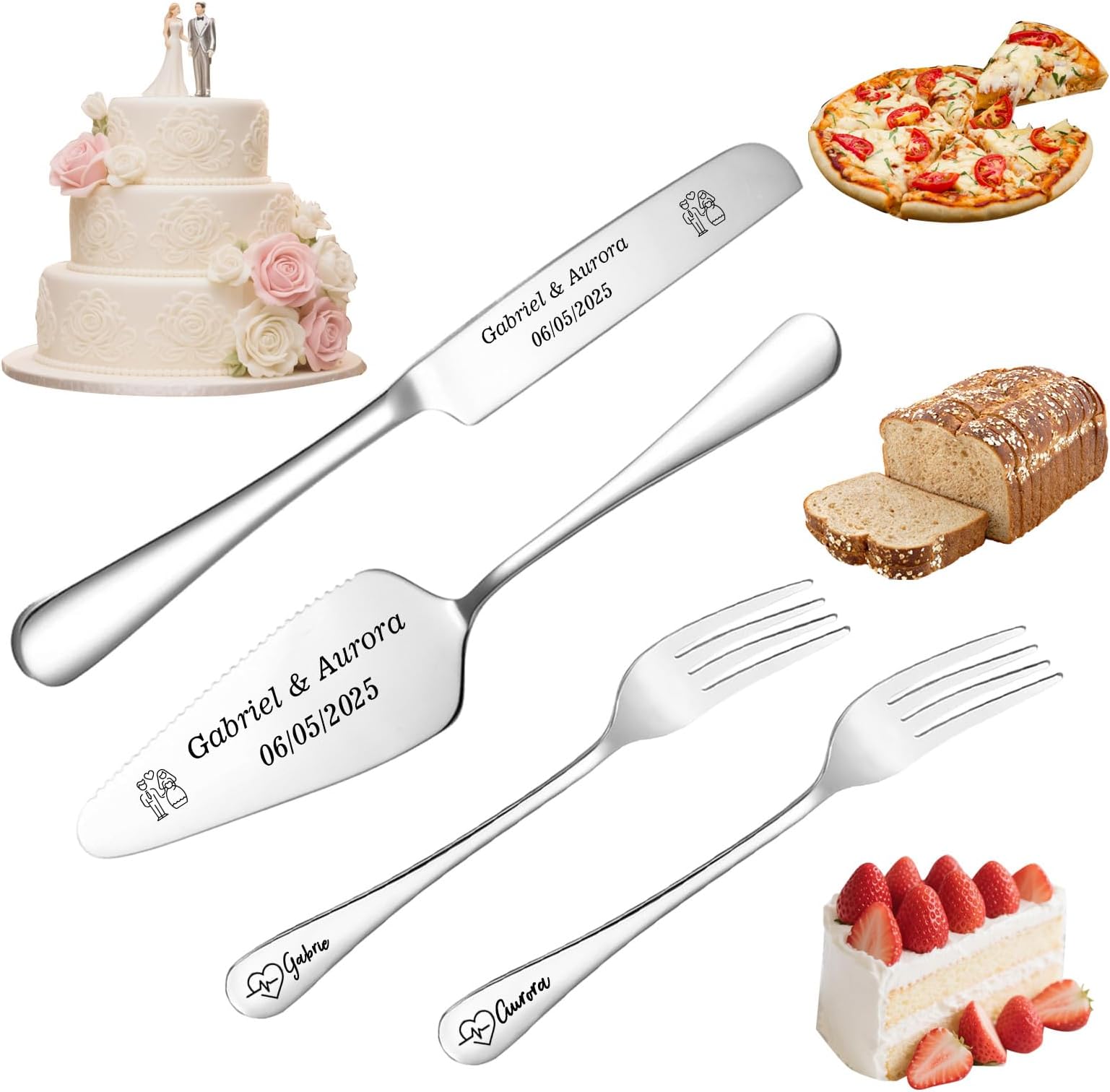 Personalized Cake Cutting Set for Weddings, Stainless Steel Wedding cake knife and server set, cake cutting set for wedding, Custom Engraved Bridal Couple, Birthday, Graduation (Silver)