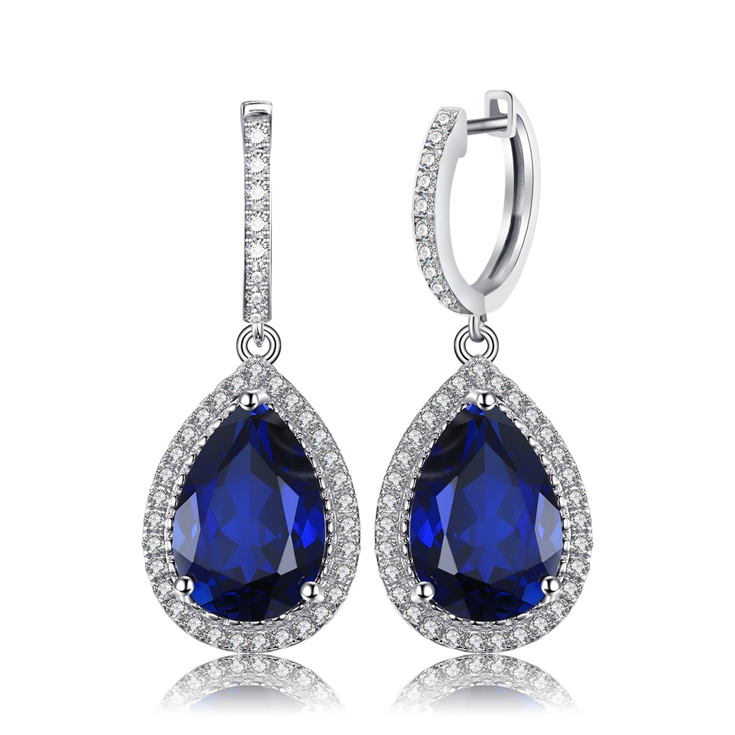 JewelryPalace Halo Pendientes Colgantes Mujer Plata Oro 14k Oro Rosa, Pendientes de Gota con 12.4ct Zafiro Azul Creado Corte Pera, Pendientes Largos Niña con Piedras, Joyas Mujer