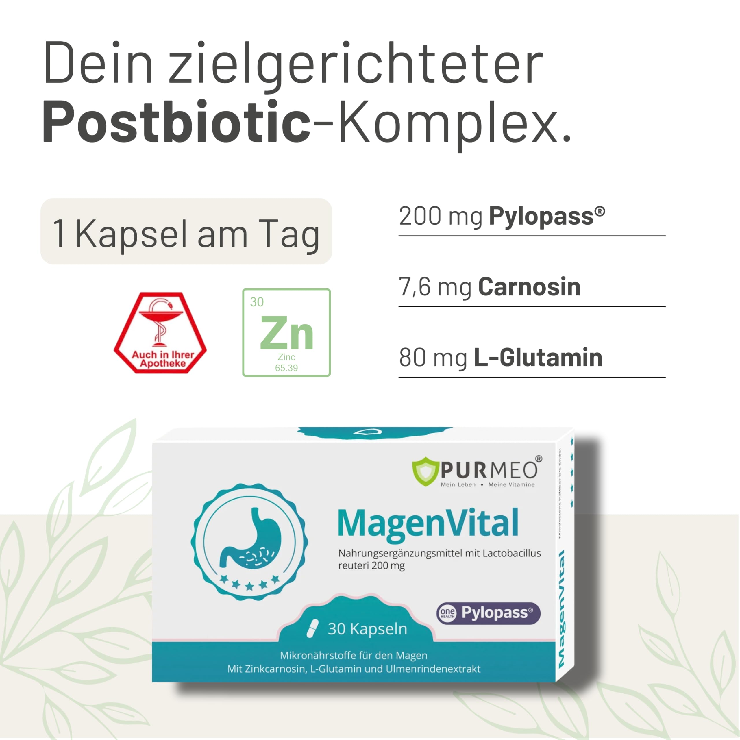 PURMEO® MagenVital – L'original – 200 mg de pylopass®, 30 gélules – estomac, intestin, lactobacillus reuteri, équivalent à 20 milliards d'UFC par dose quotidienne, hautement dosé, végétalien, sans