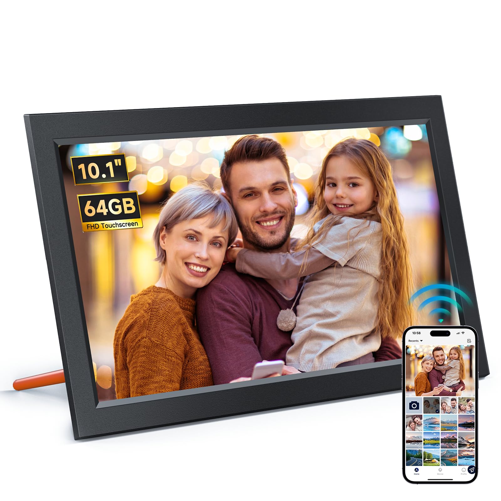 Cadre photo numérique WiFi 64 Go, 10,1 pouces, écran tactile IPS 1280 x 800, rotation automatique, cadre photo électronique pour partager des photos ou des vidéos via l'application AiMOR, le meilleur