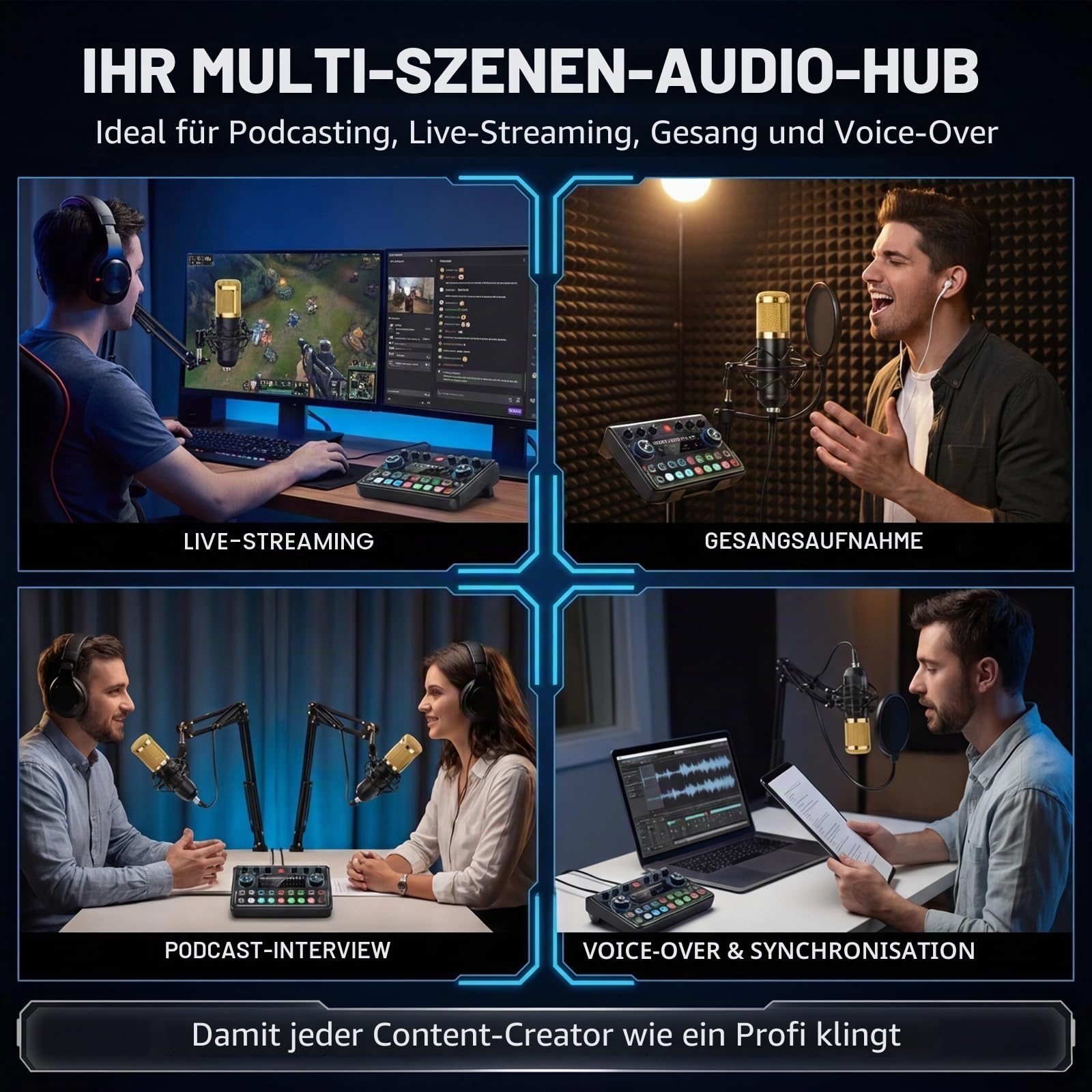 Podcast Equipment Bundle - Podcast Mikrofon Set, Mixer Kit mit Live Soundkarte, for Streaming Singing Podcasting Recording, Compatible with Phone PC Laptop