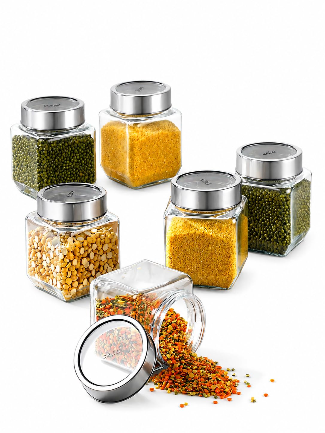 CELLO Qube Fresh Glass Storage Jar for Kitchen Set of 6 Pcs, 580 ml Transparent | Fridge Safe Airtight Leadfree Toughened Glass Kitchen Storage Containers Set For Beans, Whole Grains Spices Dry Fruits