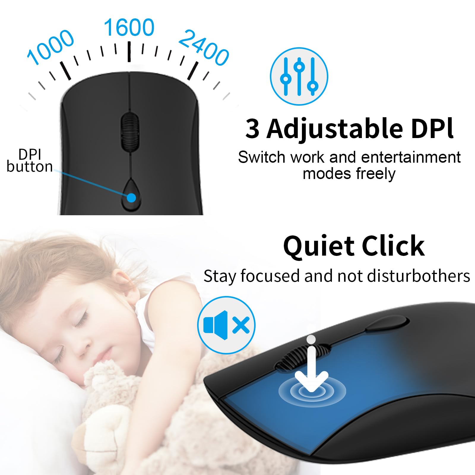 Tastiera wireless e mouse, tastiera silenziosa per computer full-size con pulsante calcolatrice, mouse 2400 DPI, clic silenzioso, set USB sottile senza fili per laptop, PC, Windows Mac, nero