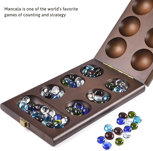 Miniatura 2 de AMEROUS Juego de mesa de madera de Mancala con 72+8 piedras de cristal multicolor – Tabla plegable – Instrucciones de Mancala, juego de mesa clásico