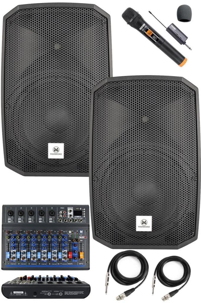 Maxword Maxi-12A-MİXER Set 2 Adet 12 İNÇ Aktif Hoparlör Mikser ve Mikrofon Ses Sistemi (1200W + 1200W)