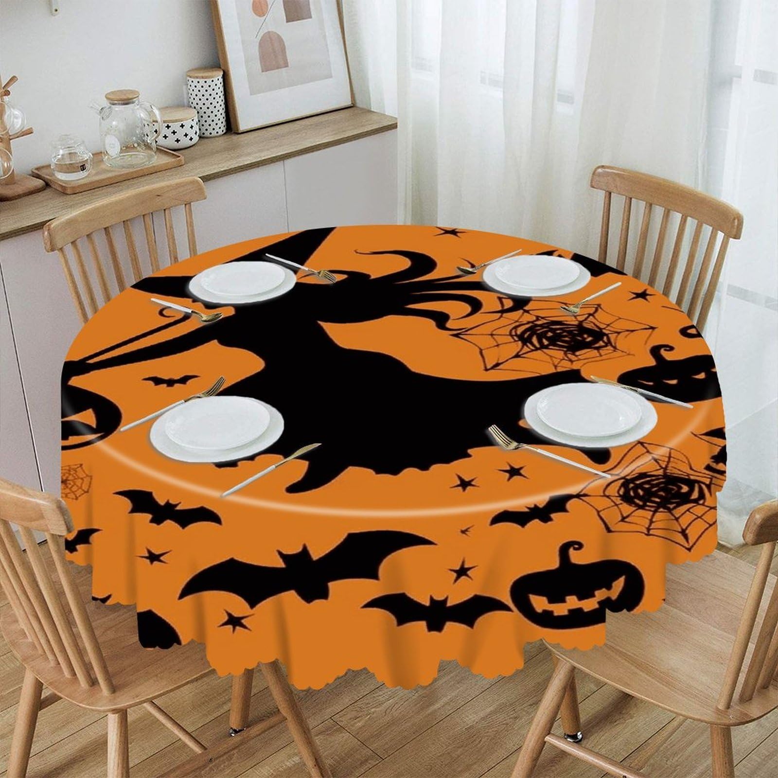 Btcowzrv Style Halloween Witch Flying Polyester Round Tablecloth 59.84 Inch, Decorative Washable Table Cover, Table Cloth For Restaurant Picnic Indoor And Outdoor Dining