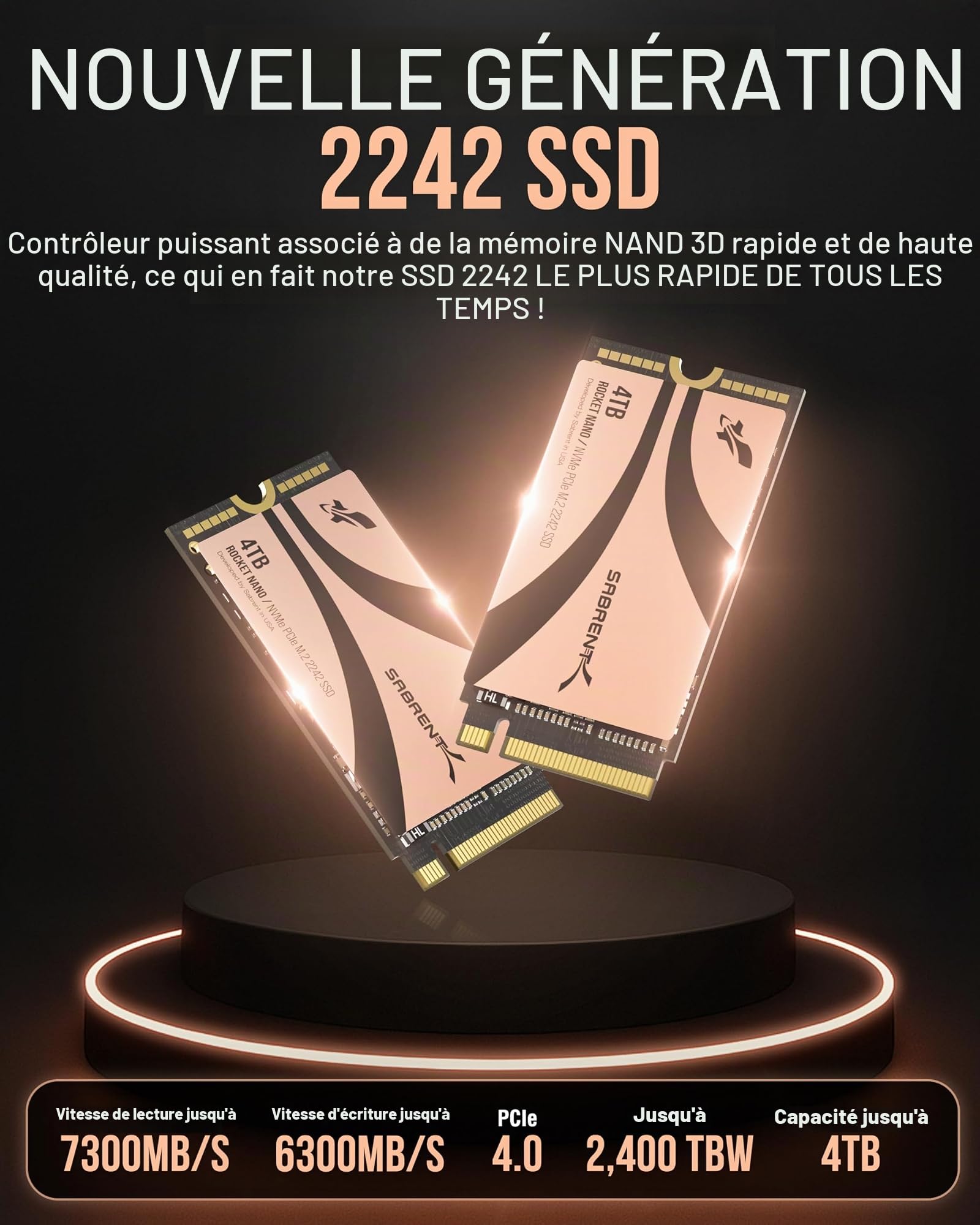 SABRENT Rocket 2242 4 to NVMe SSD, PCIe 4.0 x4 M.2 2242 Disque SSD Interne, TLC NAND, jusqu'à 7 300 Mo/s en Lecture et 6 400 Mo/s en écriture, SSD Compact pour Ordinateurs Portables, Mini PC et