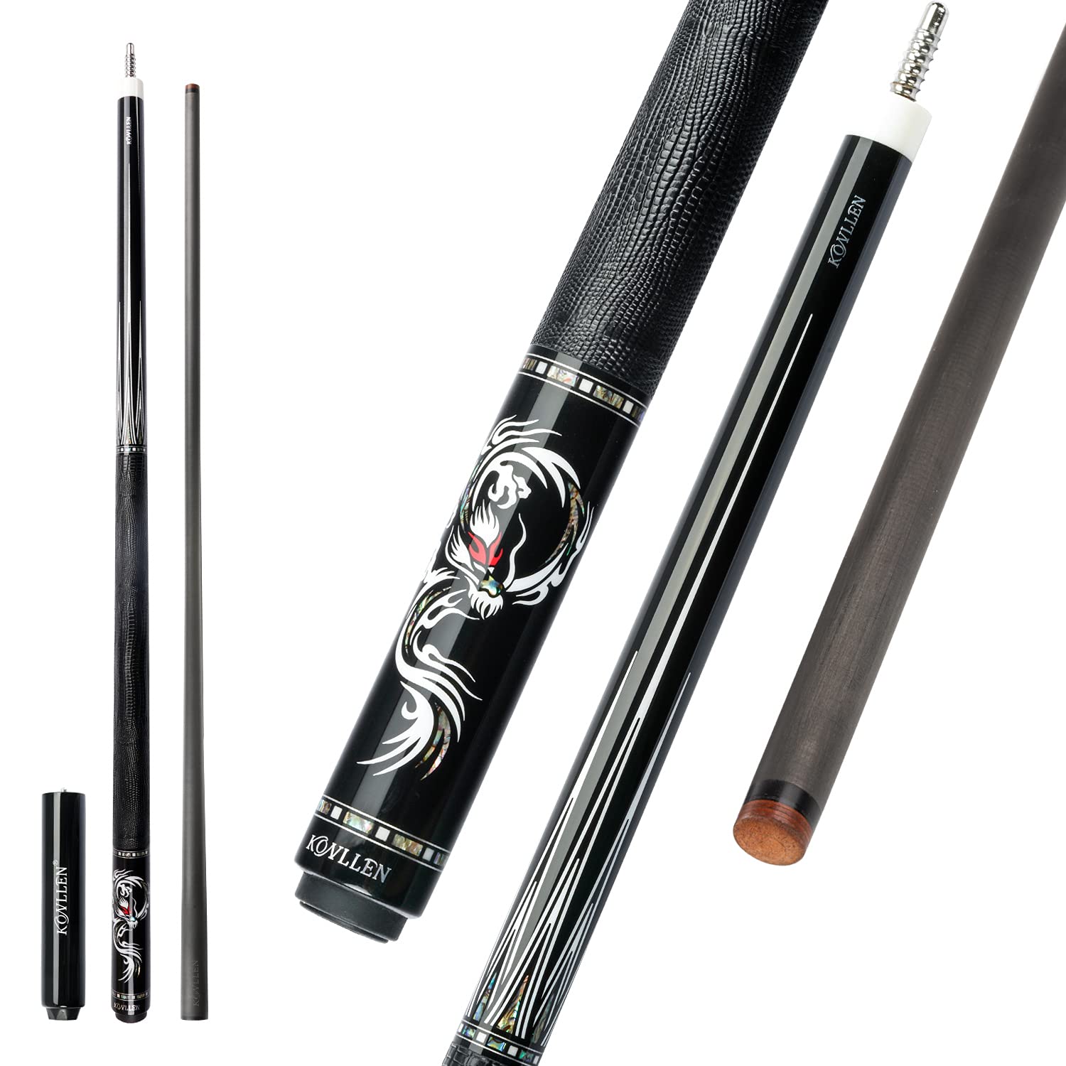 KONLLEN AING-1 Carbon Fiber Pool Cue Stick Handmade Dragon Real Inlay (Abalone Shell Handmade Inlay，Ebony Butt, 12.4mm Sea-Eye Tip, 3/88 Radial Pin Joint, with Extension Case)