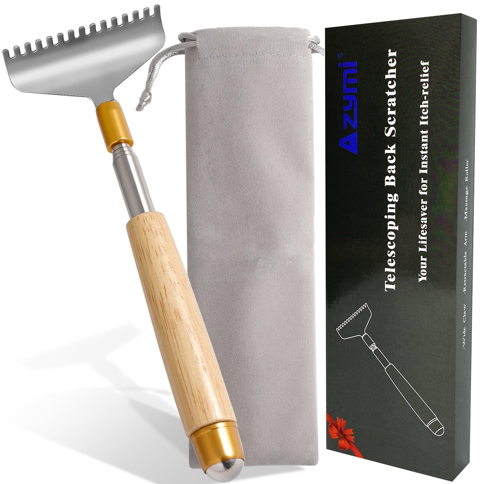 Azymi Oversized Back Scratcher, Long Back Scratcher for Women Men with Wooden Handle Roll Ball, Wider 15-Teeth Claw Heavy-Duty Manual Metal Back Head Scratcher