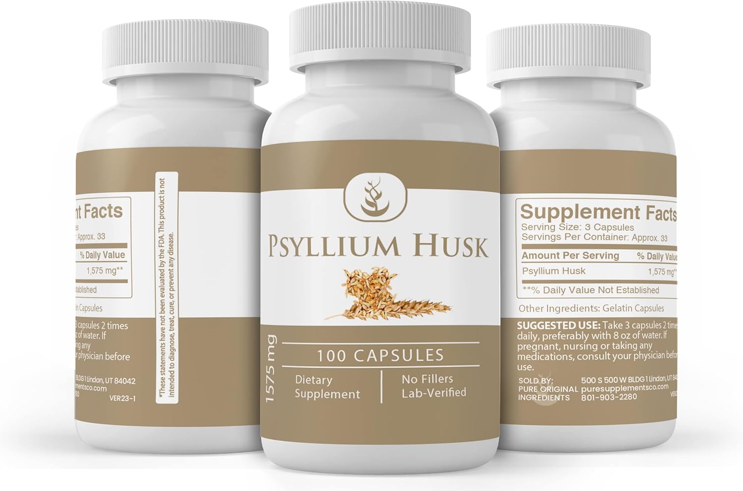 Pure Organic Ingredients Psyllium Husk Capsules (100 Capsules) Fiber Powder Supplement, No Additives Or Fillers, Lab Verified : Health & Household