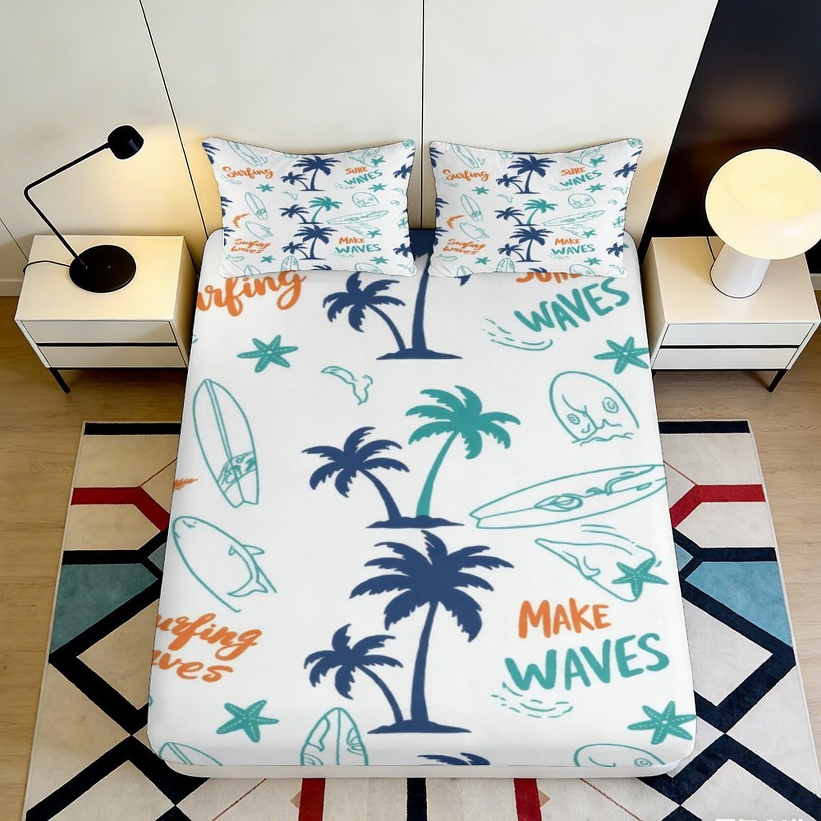 3D Printed Surfing Palm Trees Fitted Sheet Microfiber Soft Breathable Waves Bed Cover for Bedroom Dormitory Guest Room Mattress Protection Decor 180x200x25cm