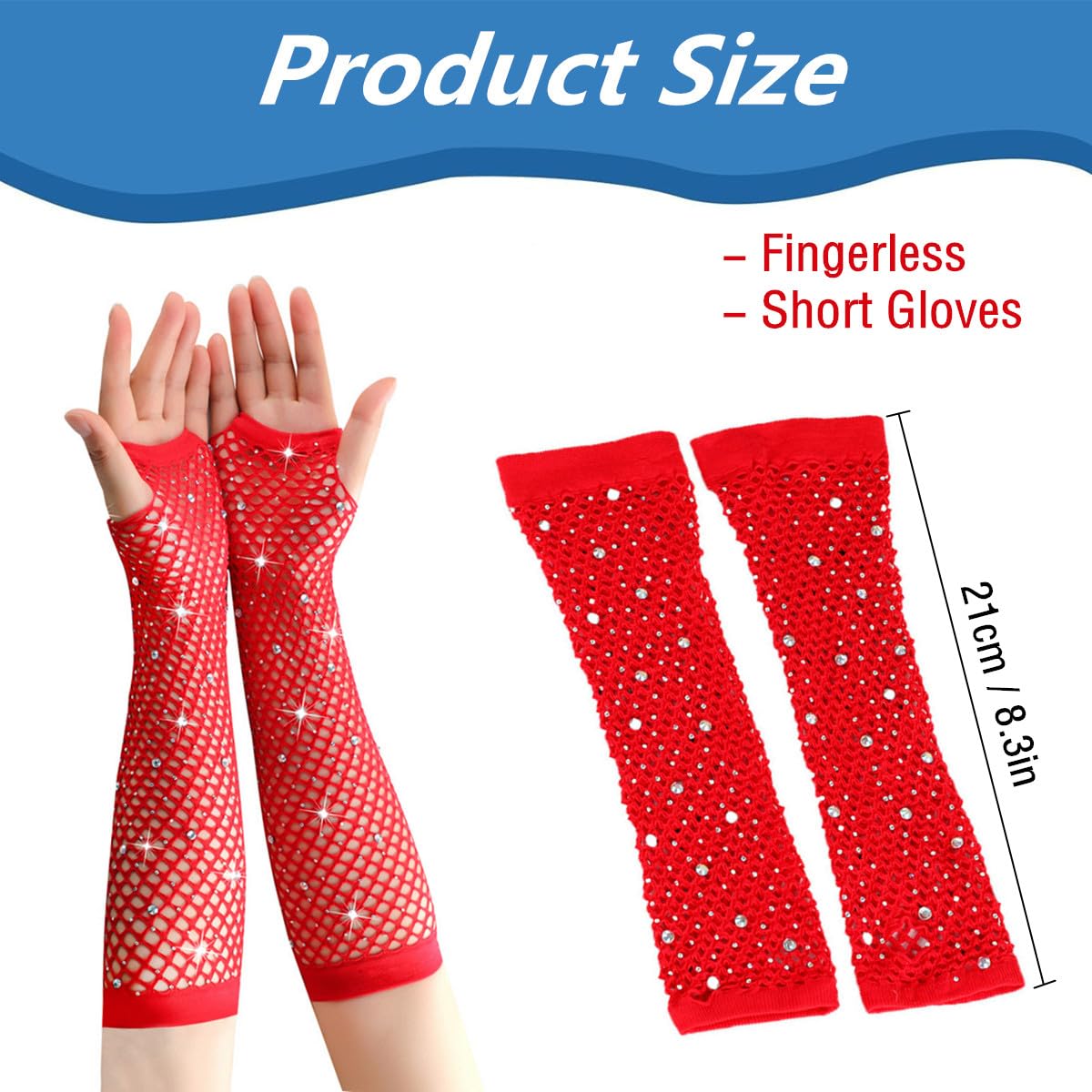 TouKingda Women's Sparkly Mesh Fingerless & Long Fish Net Gloves, 2 works - Red, AS - Image 3