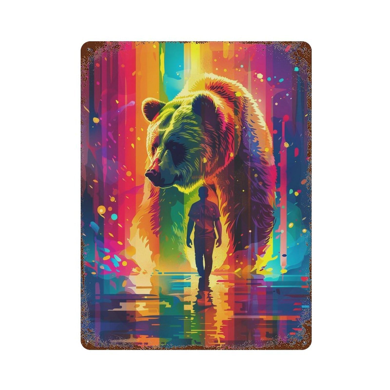 Colorful Bear Encounter Aged Metal Wall Plaque 15.7"x11.8", for Garage, Bar And Workshop Decor, Farmhouse Wall Decor