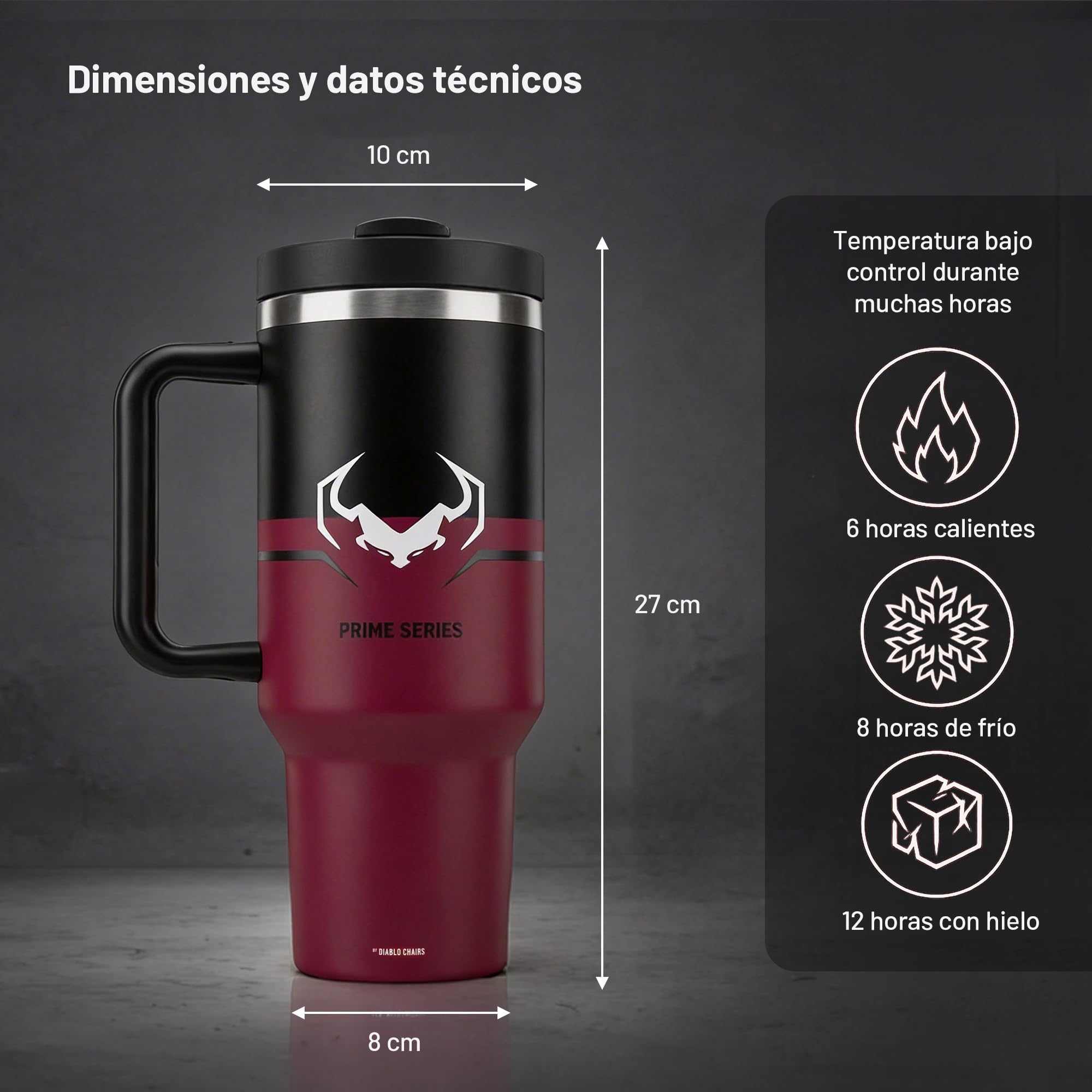 Diablo vaso térmico grande 1200 ml acero inoxidable con asa y pajita reutilizable tapa 3 en 1 vaso isotérmico portátil mantiene frío y caliente para café coche viaje oficina hermético