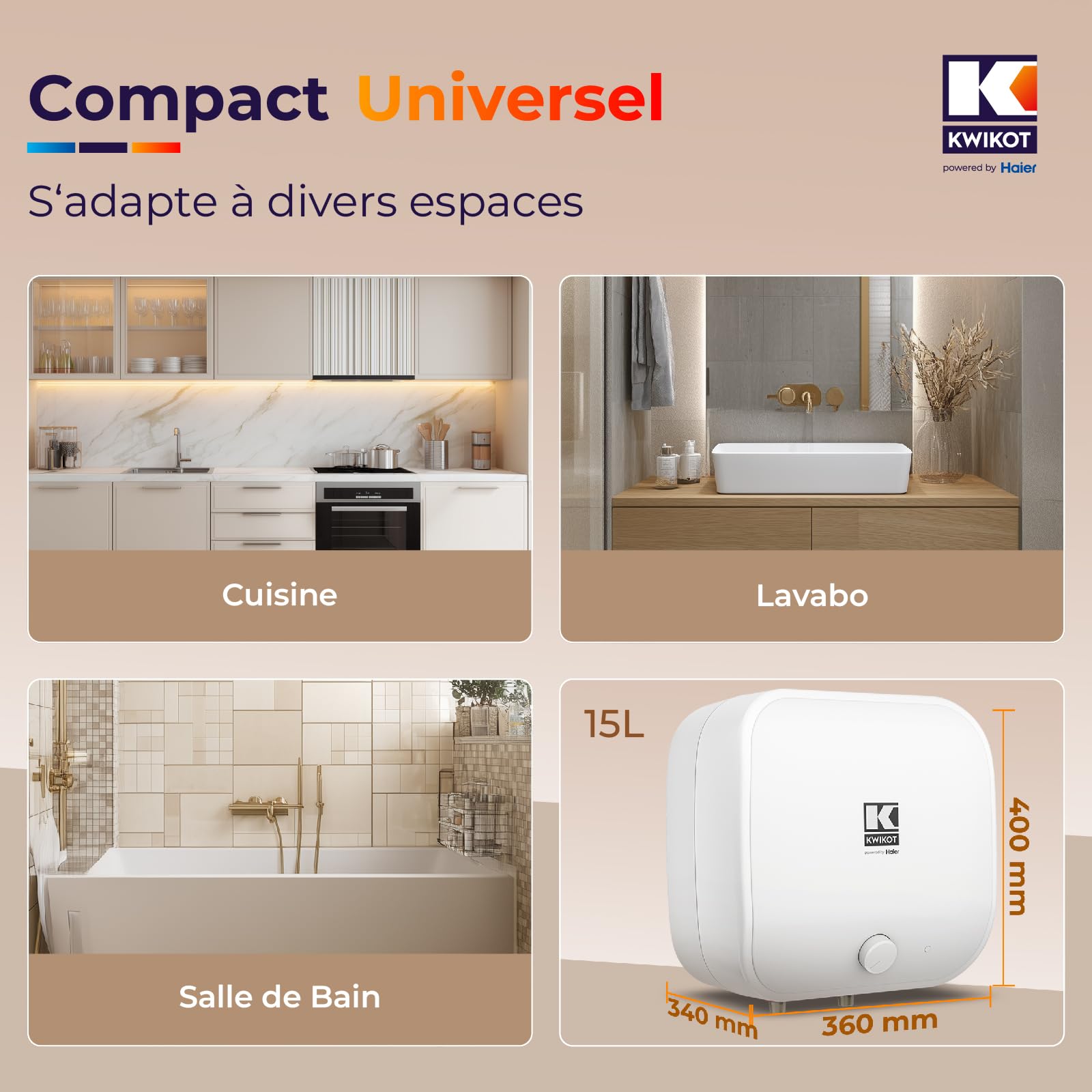 EffiCube Chauffe-eau Électrique 15 Litres Sous Évier, Ballon Eau Chaude Compact 1500W Classe A, Résistant Eaux Dures, pour Cuisine Salle de Bain Lavabo