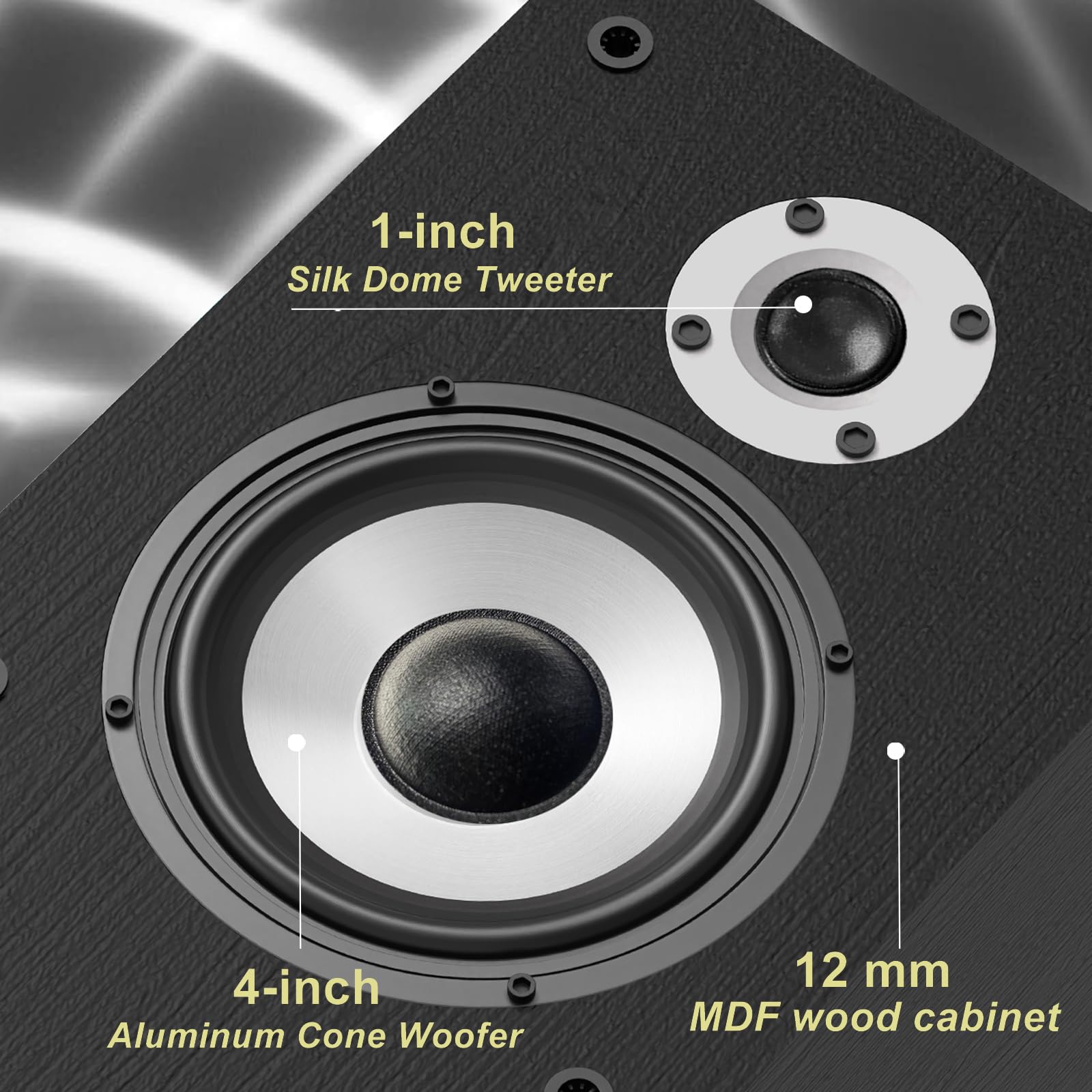 LONPOO Passive Regal-Lautsprecher Paar, 100W RMS HiFi Lautsprechers 2-Wege mit 4-Zoll-Aluminiumkonus-Tieftöner und 1-Zoll Seiden-Hochtonkalotte, 4-8 Ohm (LP-42MX)