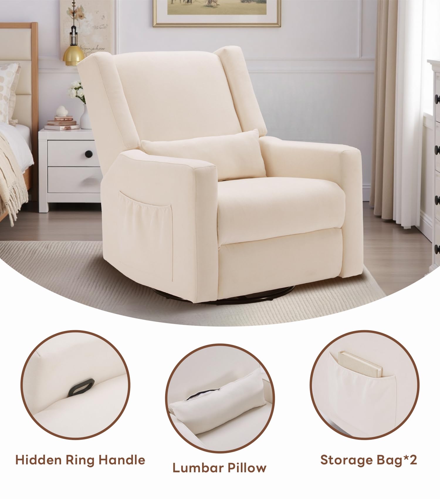 SEE DESCRIPTION Manual Recliner Chair, Nursery Rocking Chair with Lumbar Support & Footrest for Bedroom, Comfy Upholstered Armchair with Pillows & Storage for Living Room, Beige