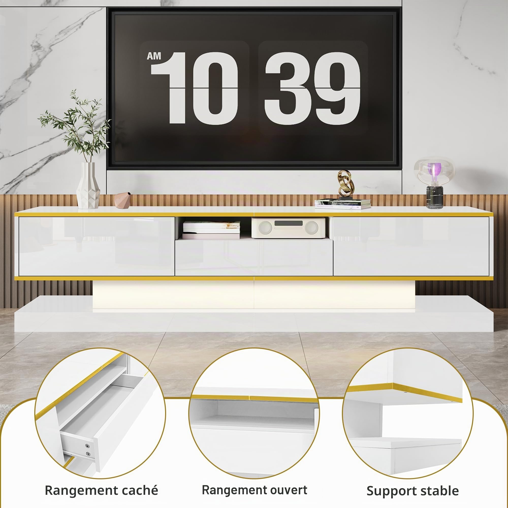 Meuble TV 180 cm de Long avec 3 tiroirs 1 Compartiment Ouvert - Brillant avec lumières LED lowboard pour Salon Salle à Manger Meuble Bas Table Blanc