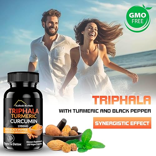 Miniatura 5 de Curcumina de cúrcuma Triphala 1950 mg con pimienta negra, 100 cápsulas veganas, suplemento dietético digesto y desintoxicante