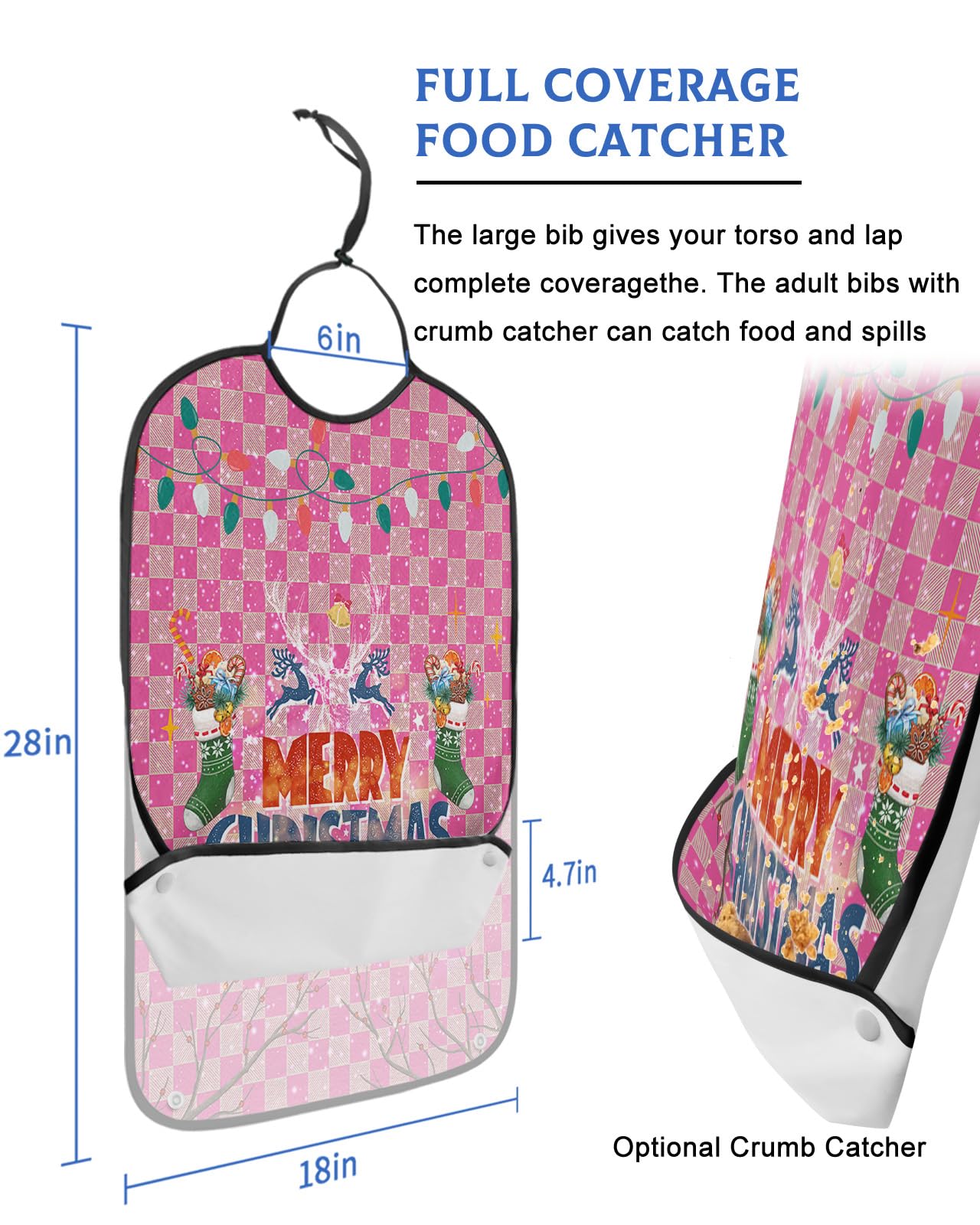 Merry Christmas Adult Bibs for Eating, Waterproof Bibs with Food Catcher & Adjustable Snap Closure, Pink Plaid Xmas Stocking Elk Winter Snowflake Clothing Protectors Adult Bibs for Elderly Women/Men