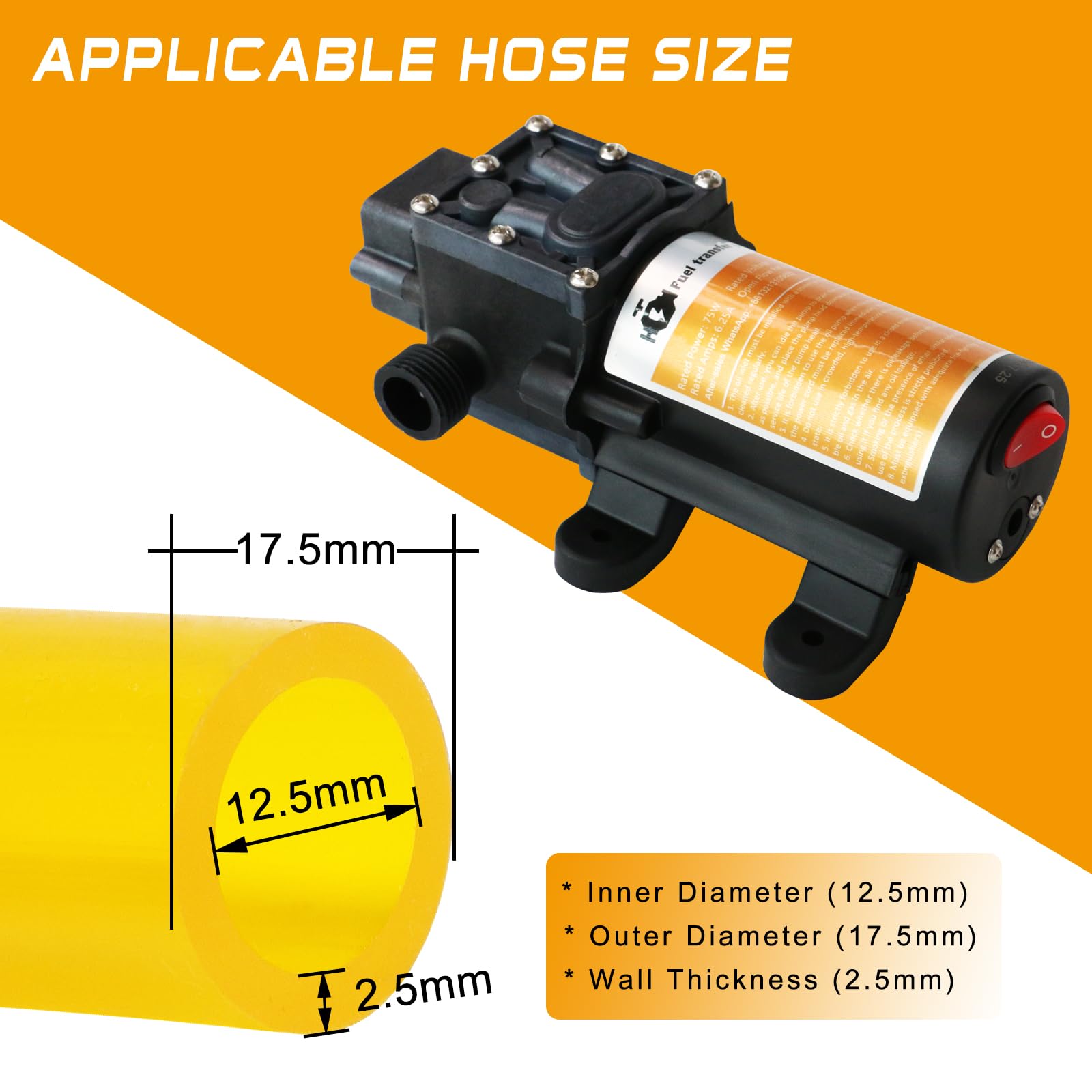 12V 75W Fuel Transfer Pump Kit, Moves Up to 110 Gallons Of Gas or Diesel Per Hour, with High Elastic Fuel Pipe & 2 Power Cables, Great for Vehicles, Boats, Equipment, Gasoline, Diesel