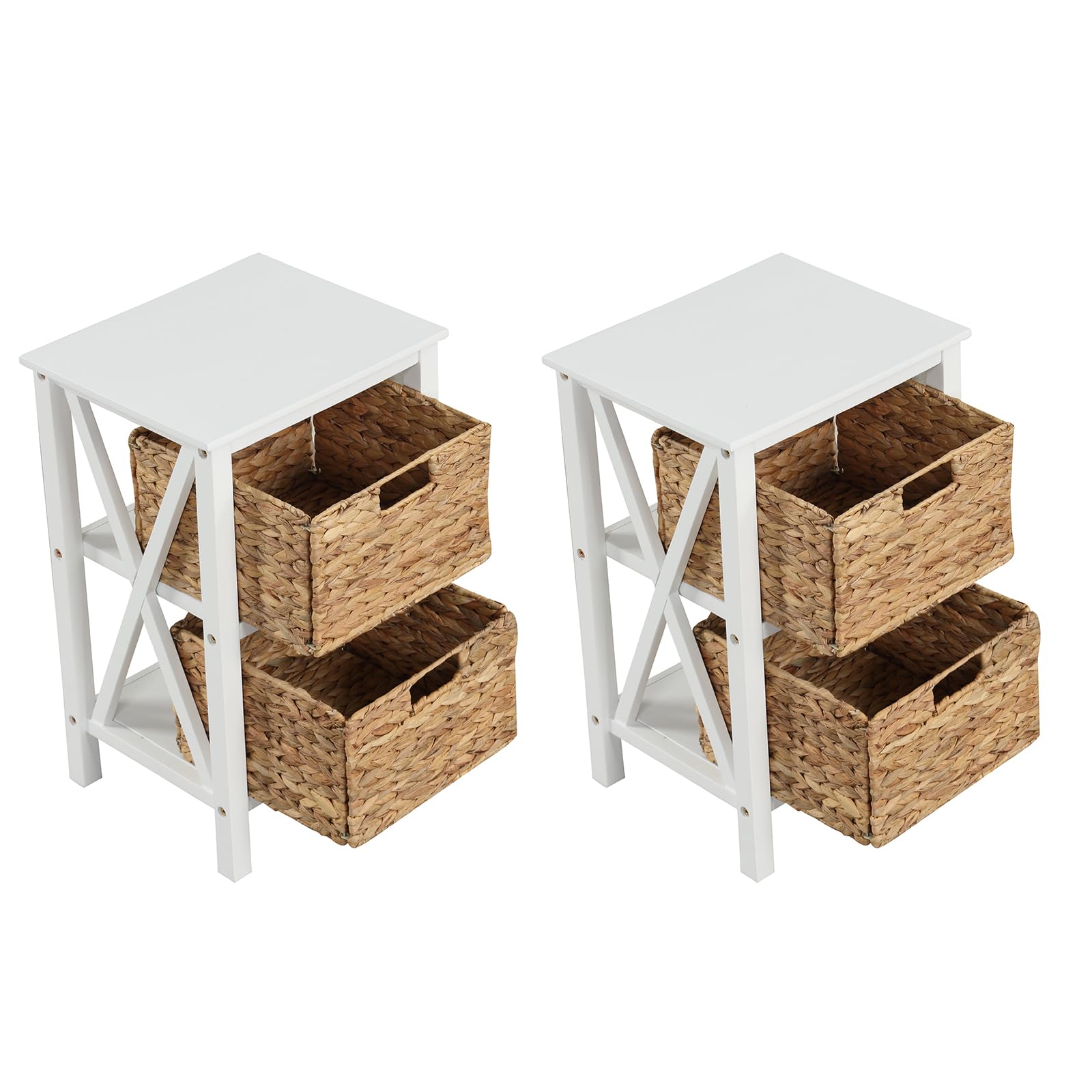 GIANTEX Bijzettafel met 2 niveaus, nachtkastje met 2 manden van zeegras, stabiel houten frame, opbergkast voor bank, meubelorganizer voor woonkamer en slaapkamer (1