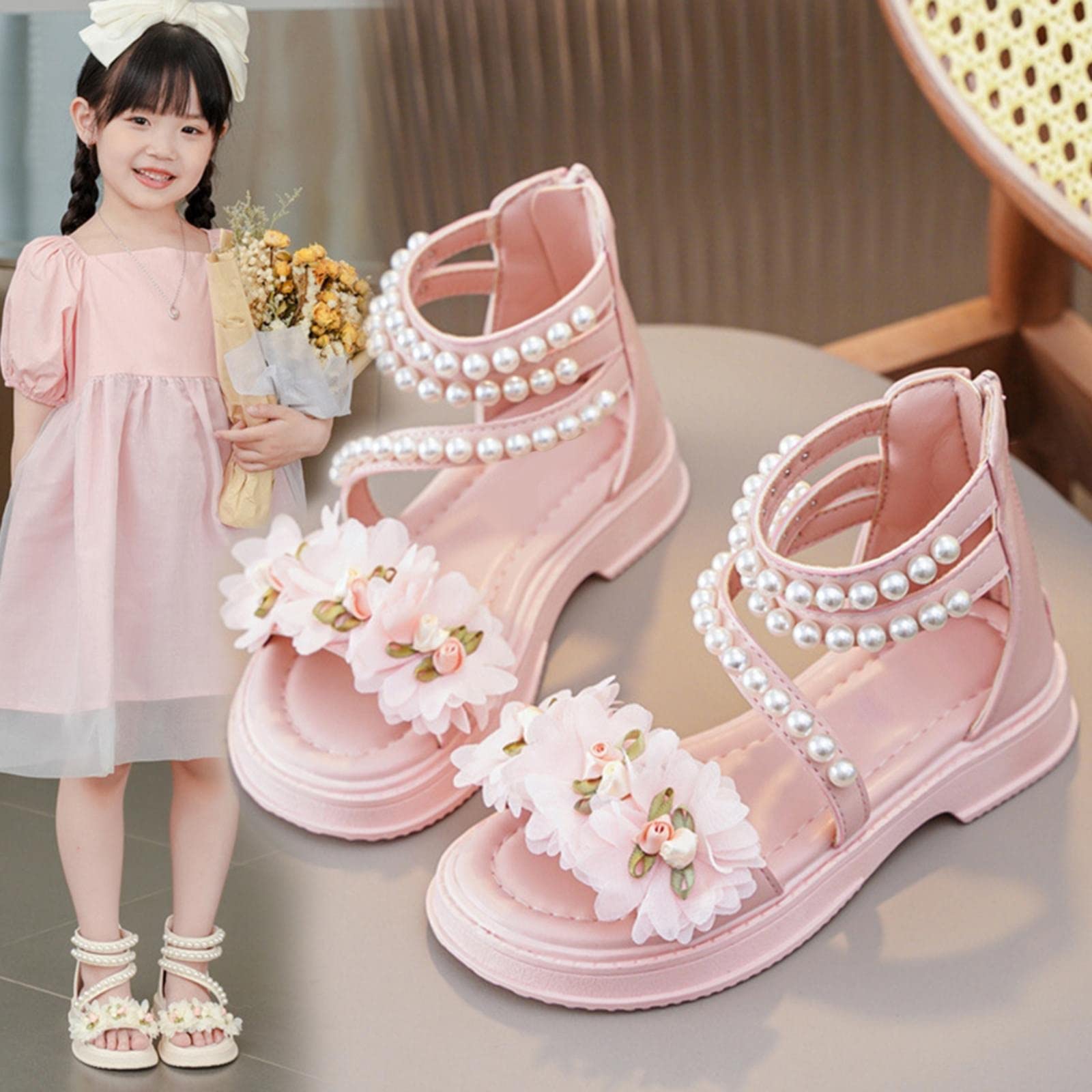 Sandalen Kinder Mädchen - sandalen Mit Perlen Prinzessin Riemchen-Sandalen Mode Strandsandalen Peep Toe Schulschuhe Elegante Kleiderschuhe Kindersandalen Barfussschuhe Sportsandalen