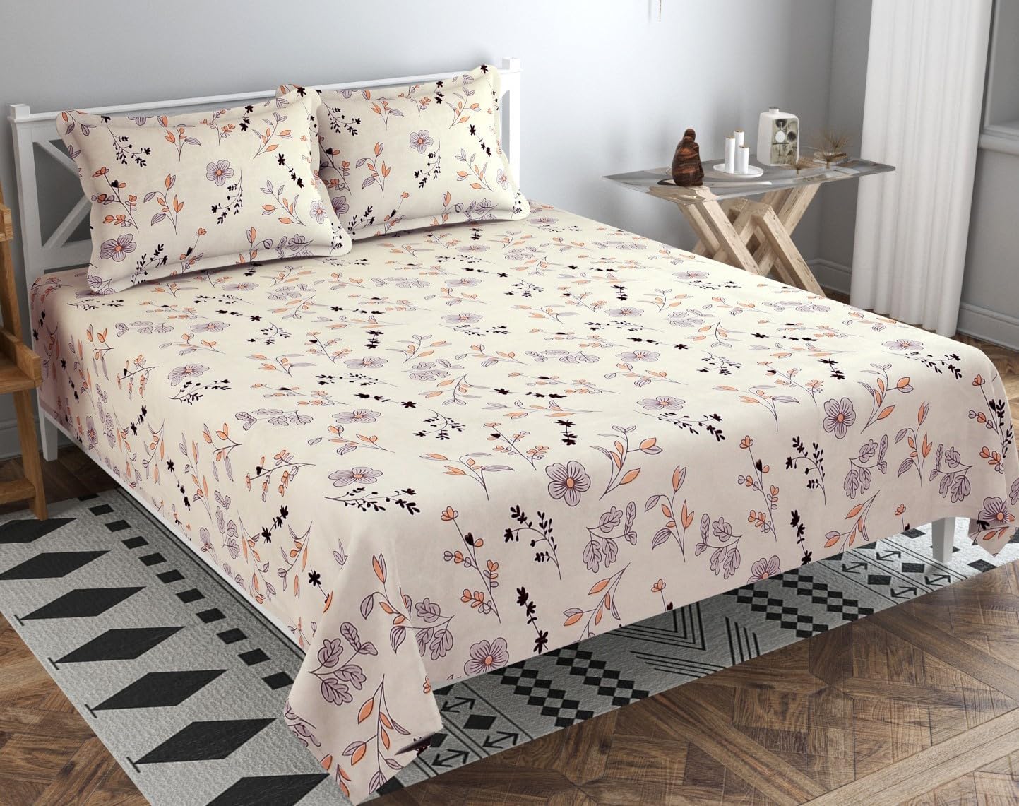 Premium Pure Cotton 220 TC Flat Double Bed Bedsheets for Summer Breathable | Wrinklefree (Size-220 x 230 Cm) with 2 Pillow Covers (Size-18 X 28 Inches, Off White)