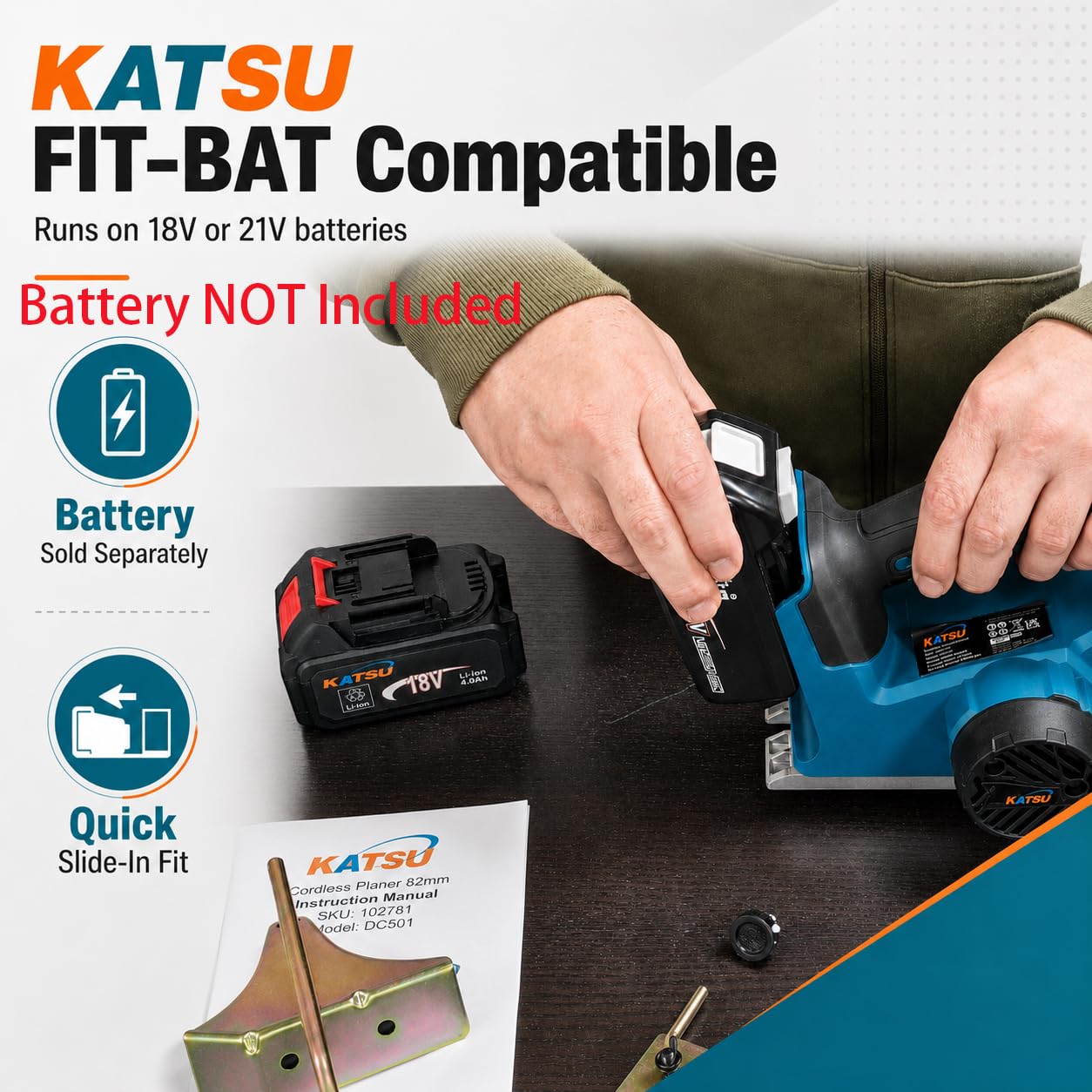 Cepilladora Inalámbrica KATSU FIT-BAT 21V 15000RPM 82mm 2mm