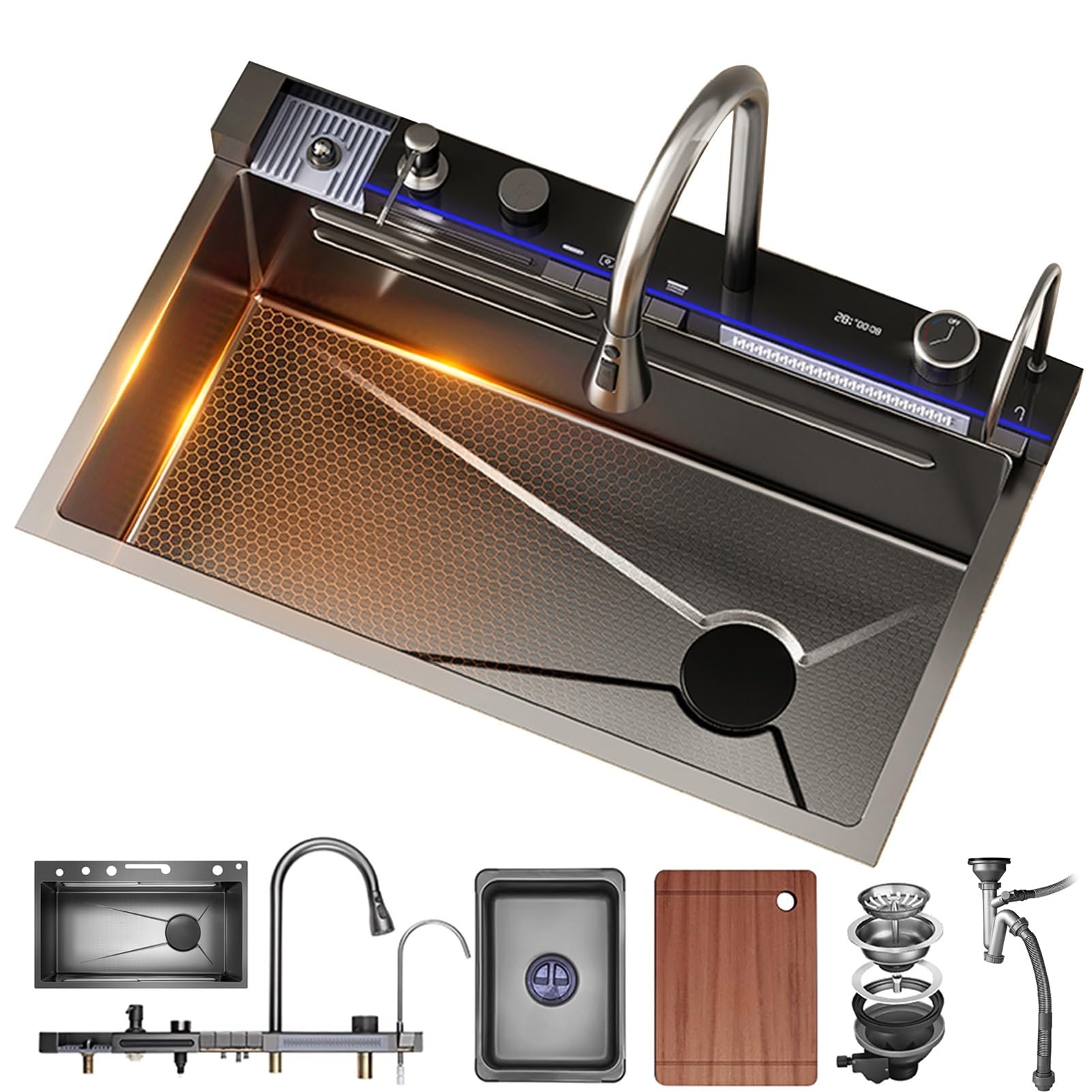 ZQFHSX 75×46cm Kitchen Sink With LED Display Faucet- Spacious Workstation, Digital Dual Waterfall Outlet Pull-Down Sprayer, Stainless Steel, Cup Washer Essential Accessories