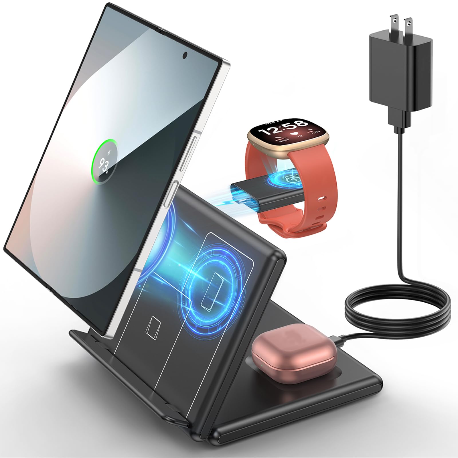 Wireless Charger for Samsung&Android: JoyGeek 3 in 1 Charging Station for Fitbit Watch Sense/Sense 2/Versa 3/Versa 4 - Phone Charger Stand for S24 S23 S22 Plus Ultra, Z Fold/Flip/Note, Buds 2 Pro