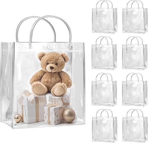 SHIPKEY Paquete de 10 bolsas de regalo transparentes de 8 x 3.1 x 8 pulgadas, bolsa de regalo cuadrada transparente con asas, bolsas de compras de