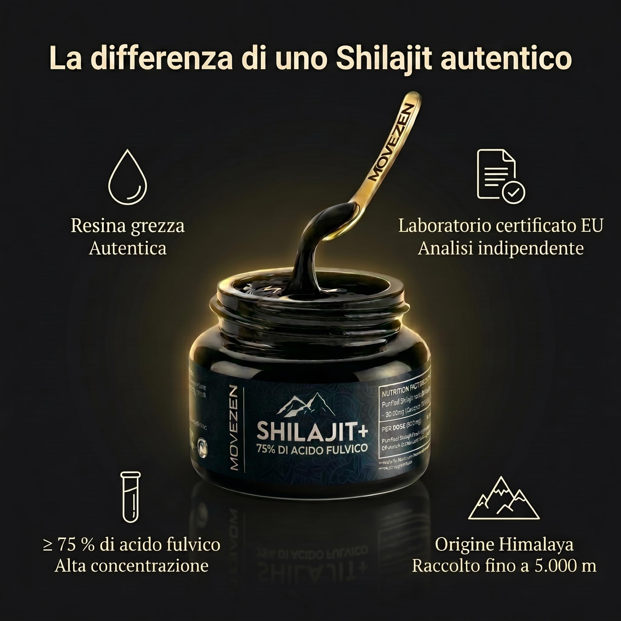 Shilajit Puro Movezen 30 g, Resina Pura di Shilajit +, >75% Acido Fulvico Testato Eurofins, Origine Himalaya Fino a 5000 M, Ricco di Minerali, Senza Additivi, Qualità, 50 Giorni, Cucchiaino Incluso