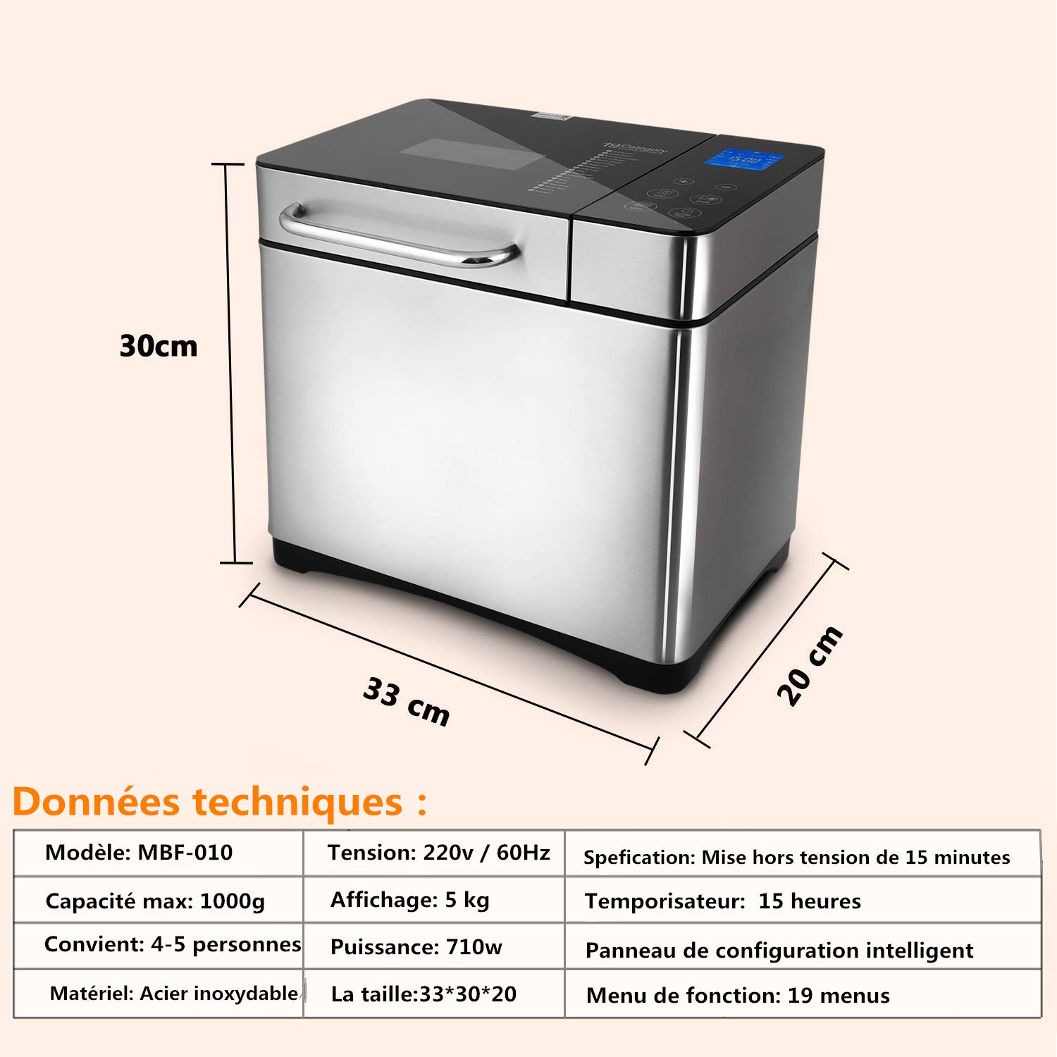 COOCHEER Machine à Pain 19 Programmes Automatique Antiadhésif Minuteur 15h Écran Rétro-éclairé Bleu sans BPA