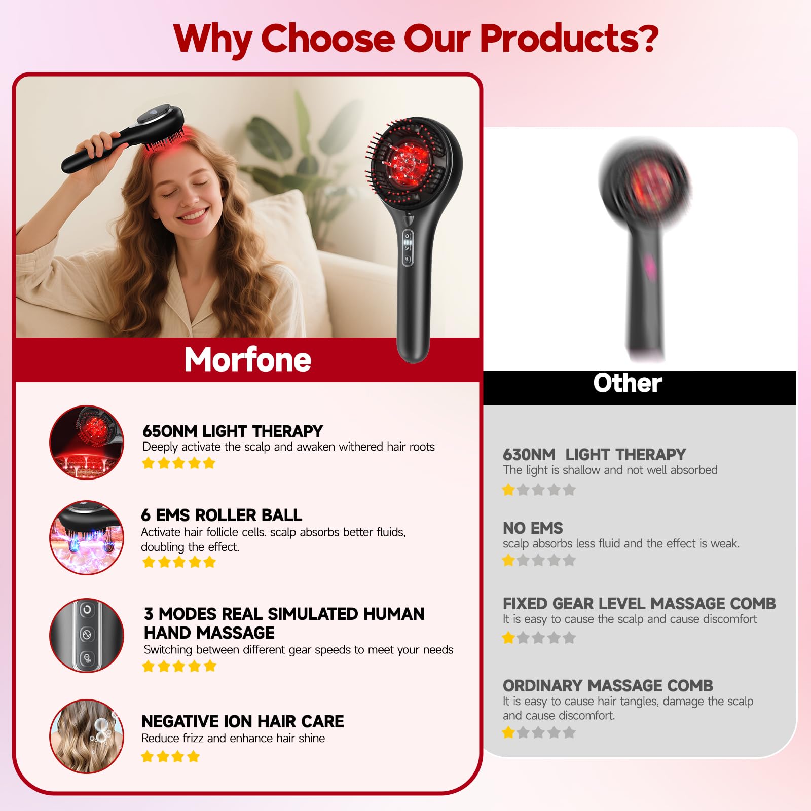 Red Light Hair Brush Scalp Massager, Portable Scalp Massager for Men Women