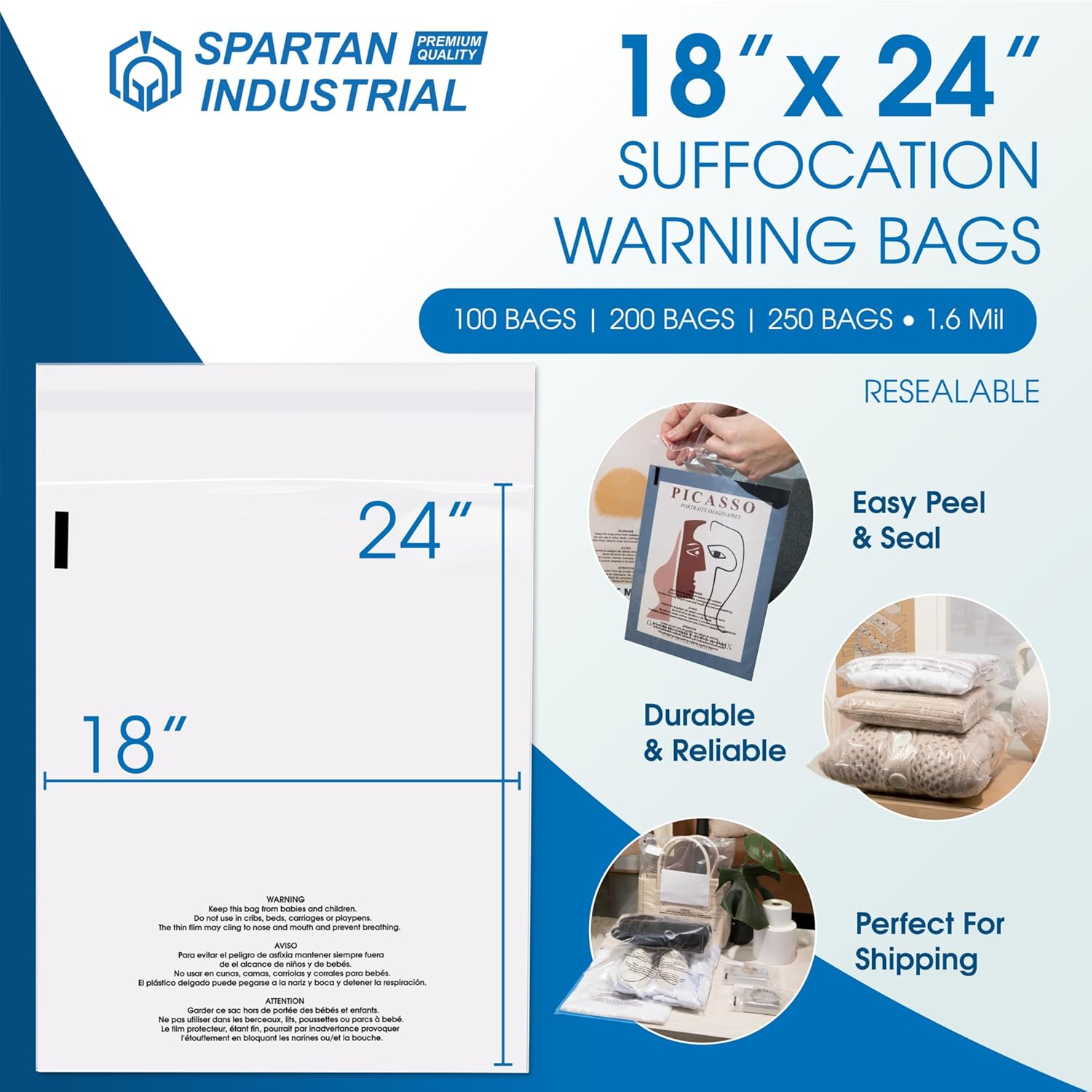 Spartan Industrial - 18” X 24” (200 Count) Self Seal Clear Poly Bags with Suffocation Warning for Packaging, Clothes - Resealable Glue