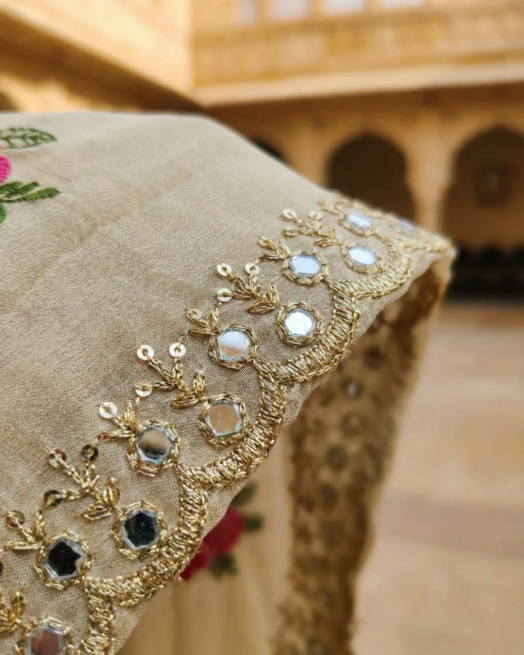 Handcrafted Floral Embroidered Saree with Contrast Yellow Blouse - Image 7