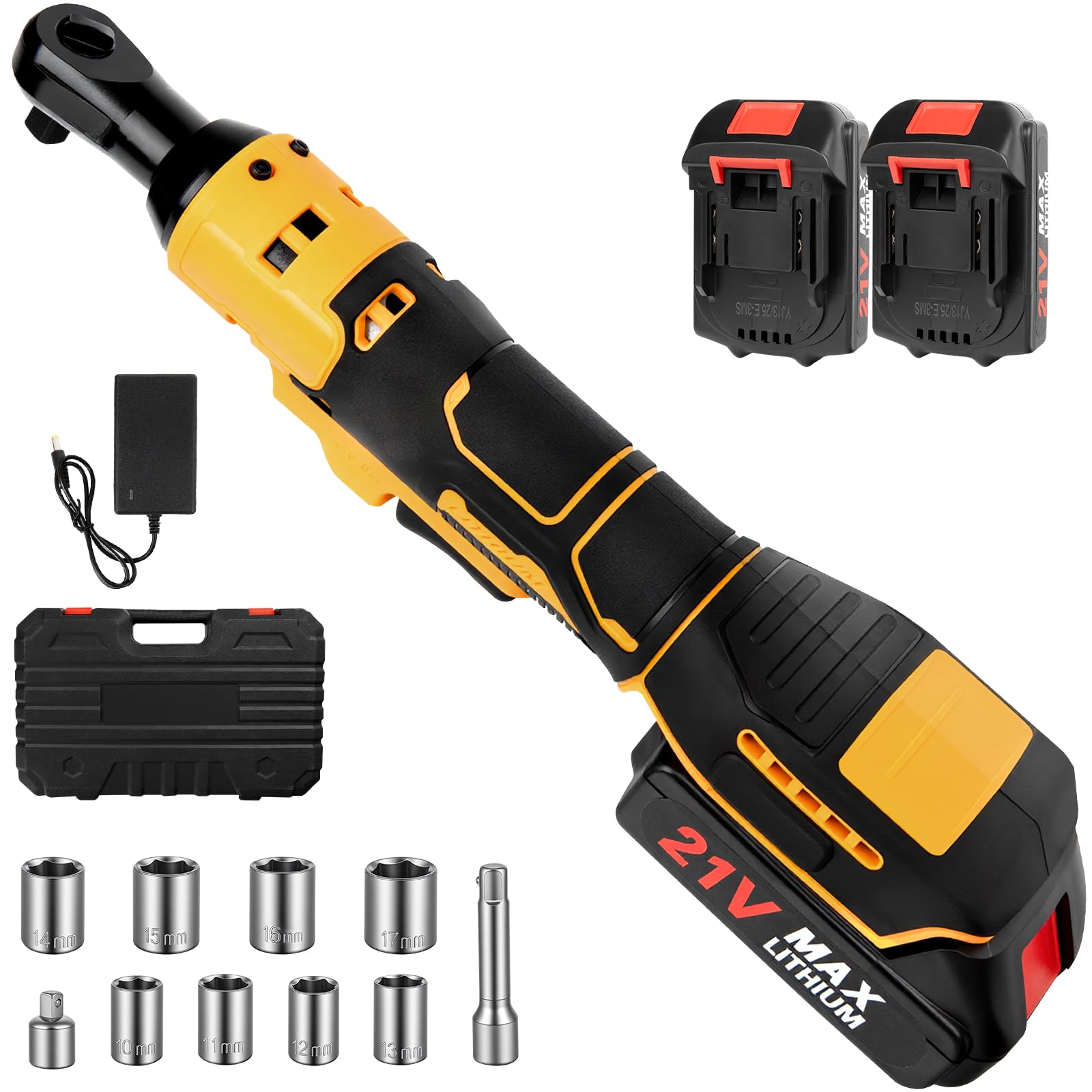 Capsste 3/8'' Cordless Electric Ratchet Wrench 60FT-LBS (80N.m) Electric Ratchet with 21V 2 X 2.0Ah Battery, 400 RPM Chargeable Power Ratchet Driver Set with 8 Sockets,1/4 Adaptor, 3" Extension Bar