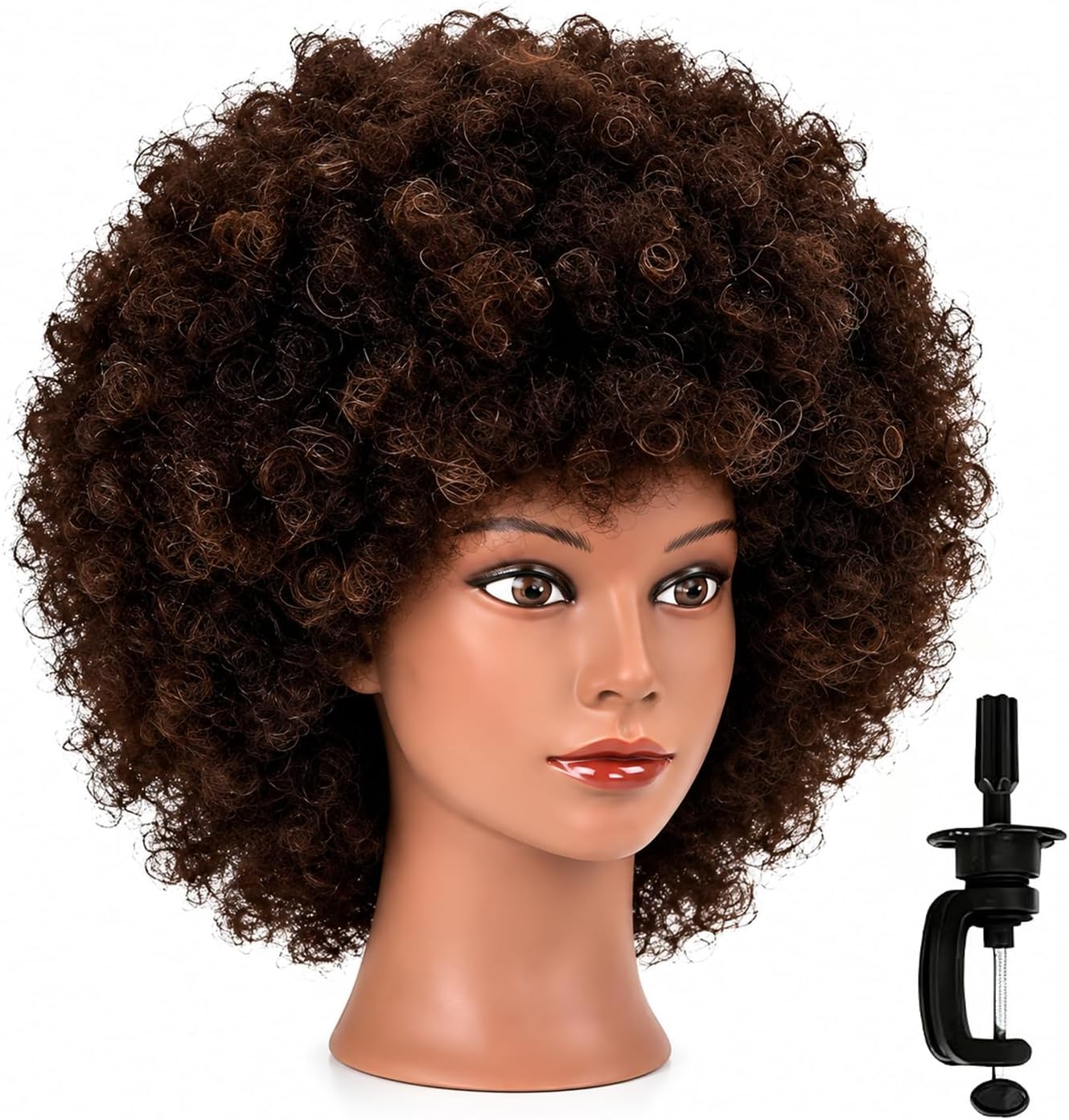 headdoll Afro Curly Mannequin Head with 100% Human Hair Curly Hair Hairdresser Hair Styling Cosmetology Manikin Head Doll head for Hairdresser Practice Styling Dye Braiding with Clamp Stand