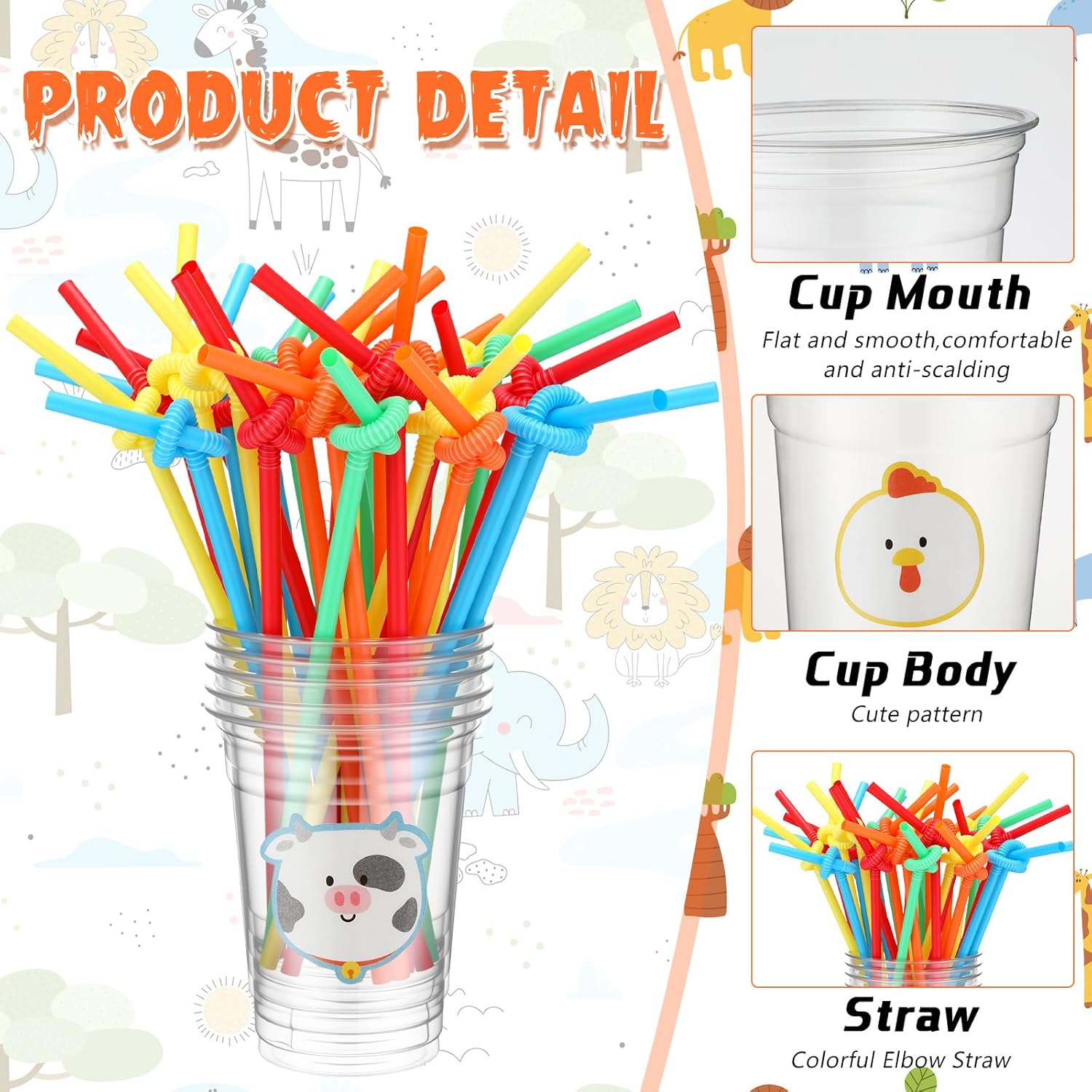 100 Sets Farm Jungle Safari Animal Themed Party - Cup with Flat Lids and Straws 12 oz Plastic Clear Drink Disposable Cups Farm Theme Birthday Party Summer Holiday Supplies - Image 2