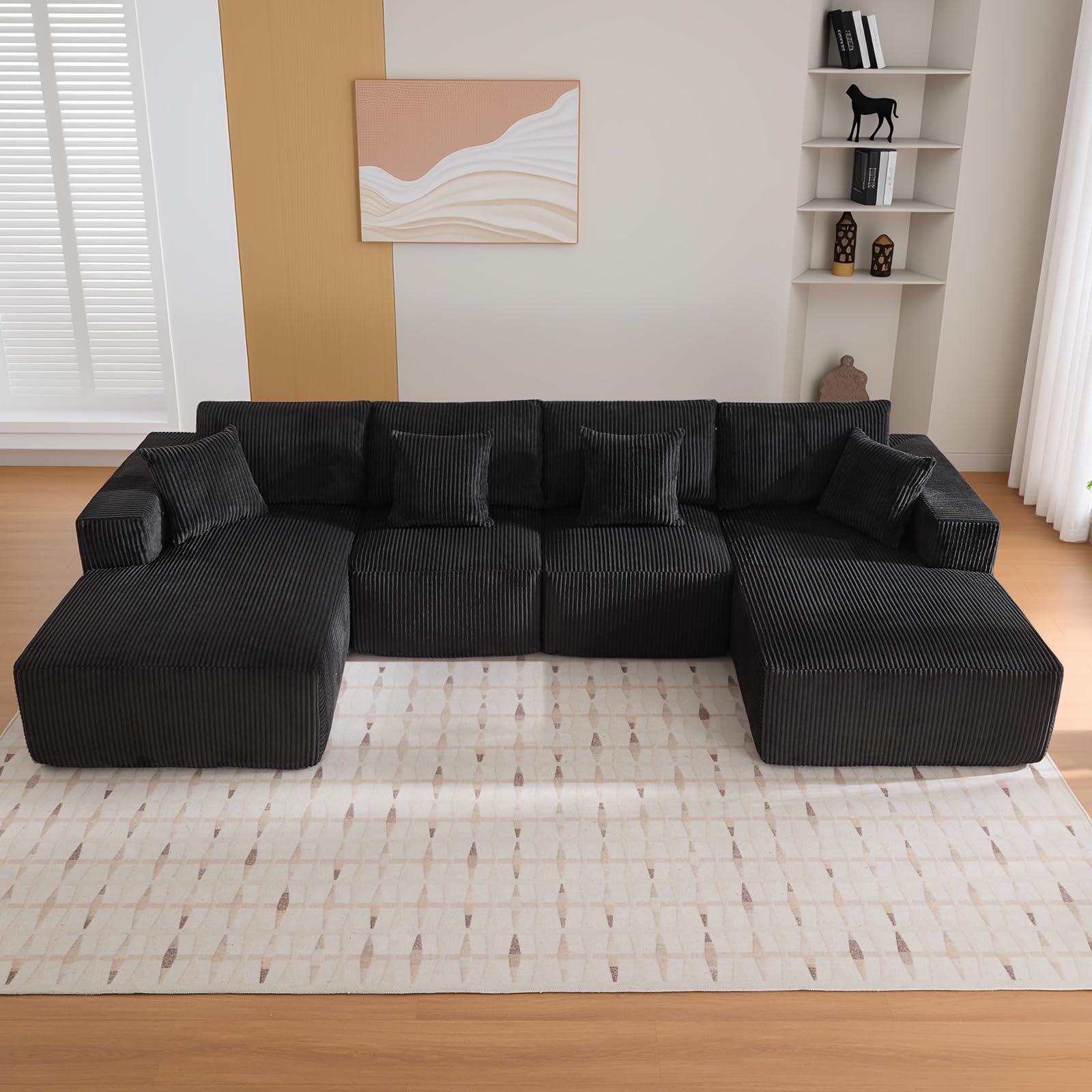 137" Sectional Cloud Couch Modular Modern U-Shaped Sofa with Chaise Lounge, Corduroy Fabric, No Assembly Required, Convertible Compression Sleeper