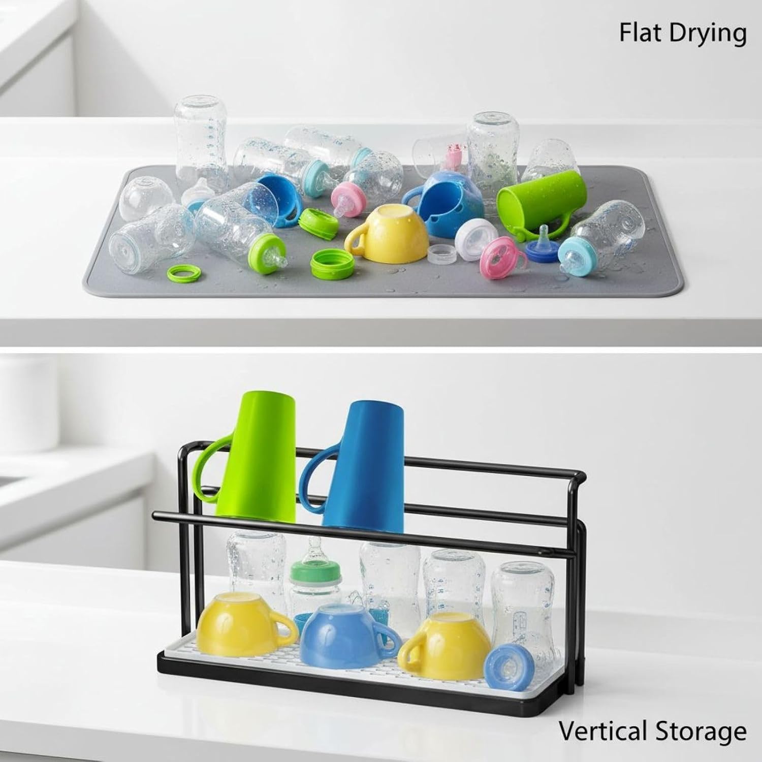 2-Tier Bottle Drying Rack, 15.7 in Kitchen Counter Organizer, Space-Saving Design, Rustproof Metal Frame, Easy to Clean Drying Rack for Cups with Drain Tray
