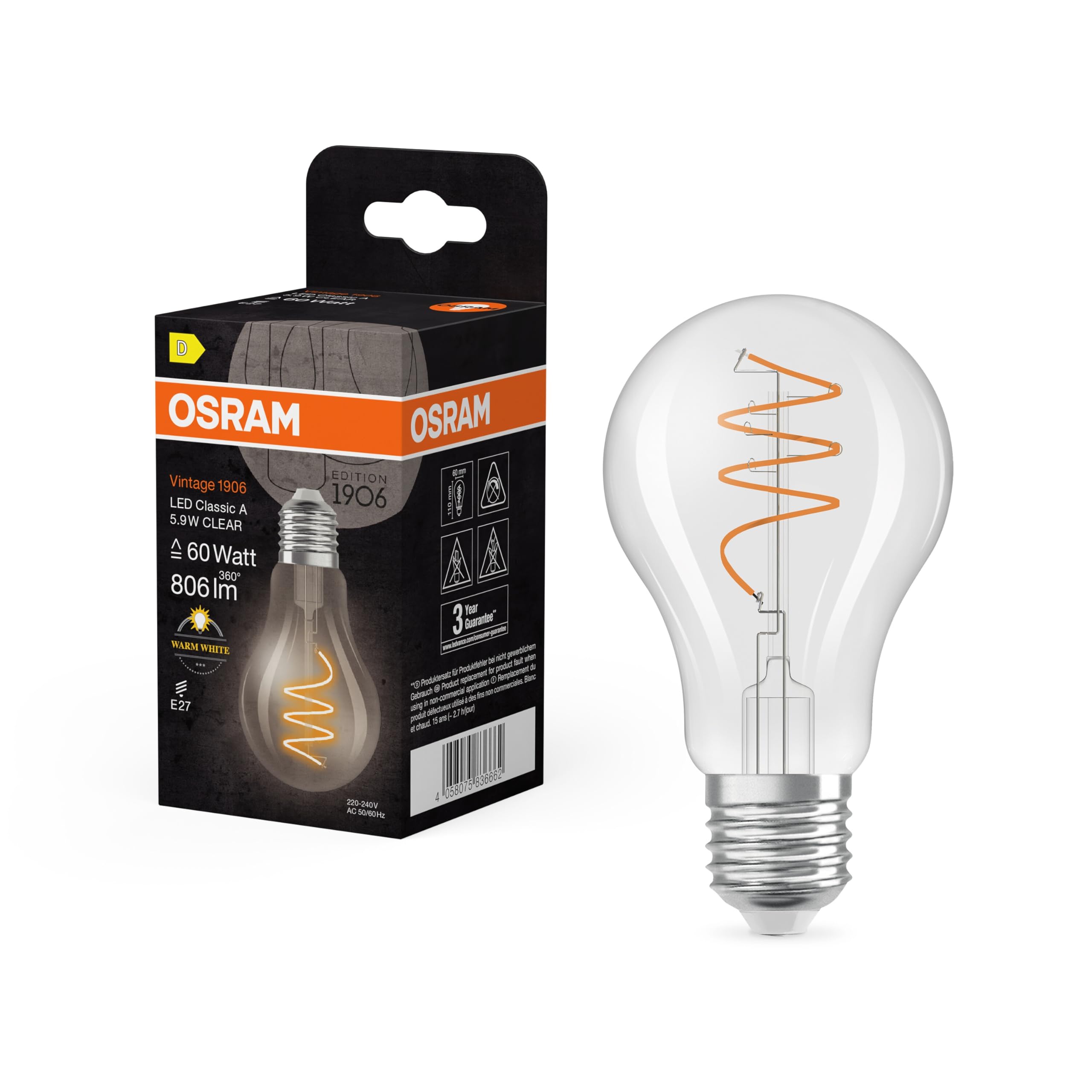 Osram Led Vintage E27 5.9W 2,700K Spiral Filament Clear