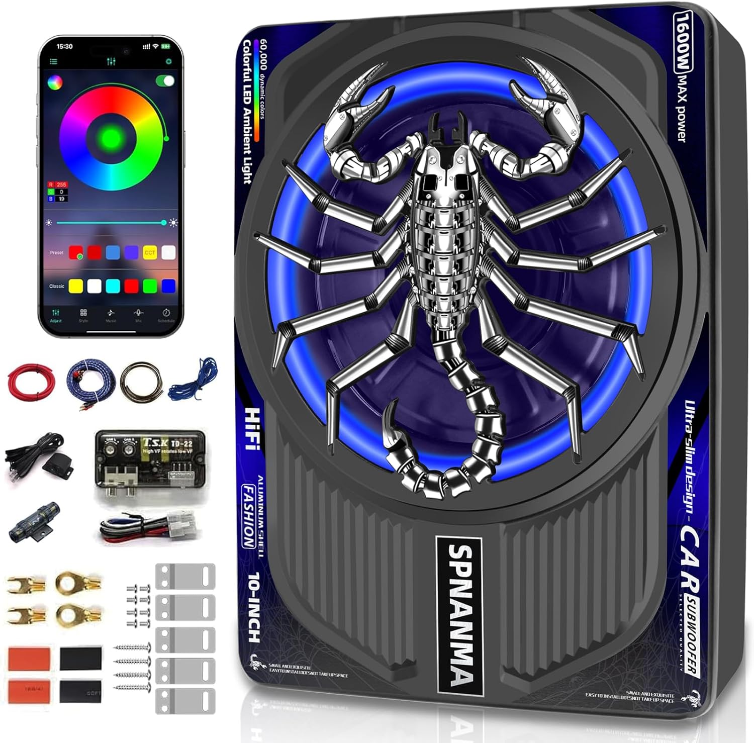 Upgraded 1600W Slim Underseat Car Subwoofer and Amp Package with RGB Beat-Synced Light, Individual Control for Low Pass/Gain/Boost Bass, Clean Loud Deep Bass Perfect for Truck/SUV/Jeep