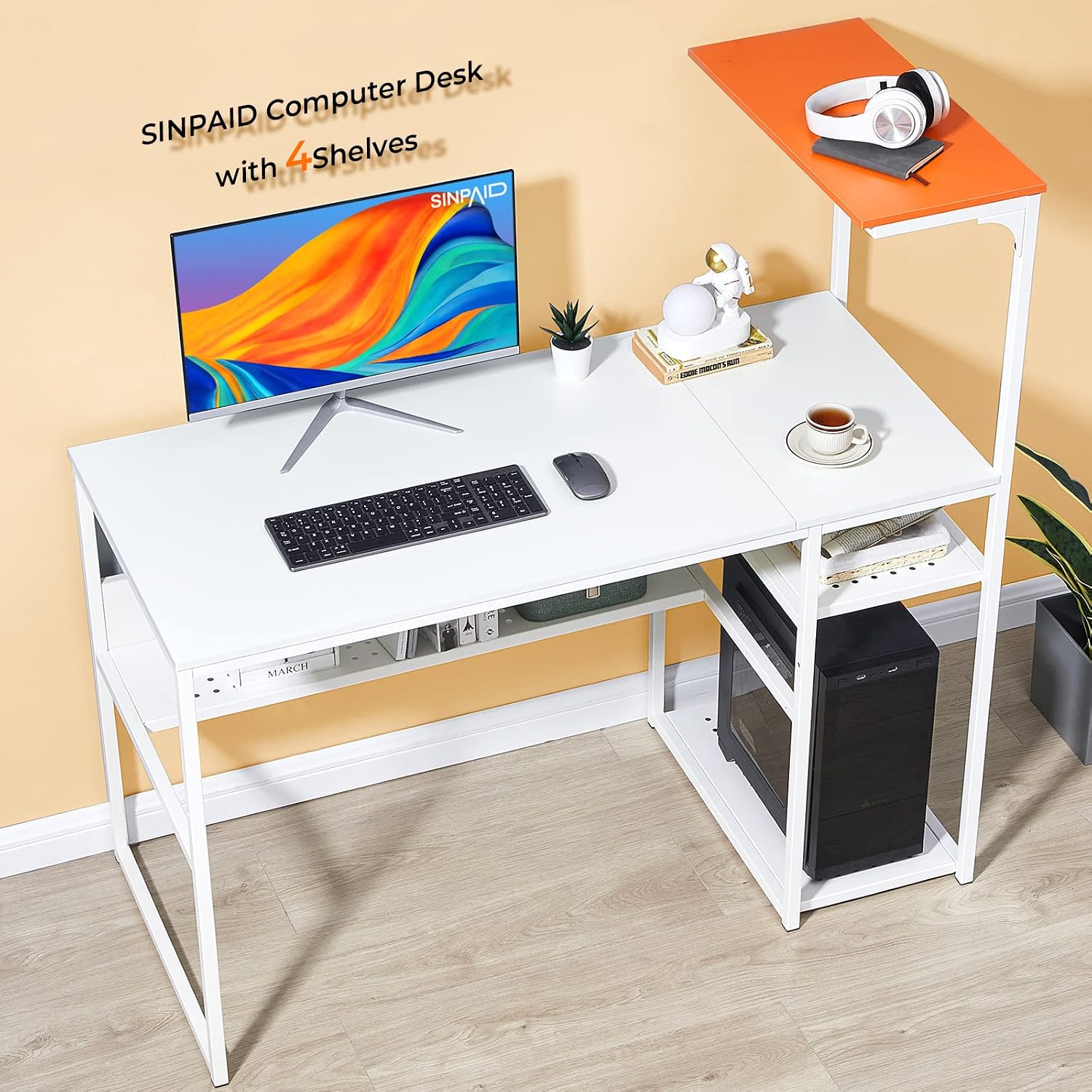 SINPAID White Computer Desk with Storage Shelves 40 Inch Home Office Desk Writing Table for Small Spaces, Student Study Desk with Bookshelves and CPU Stand Small Desk (White&Orange 40)