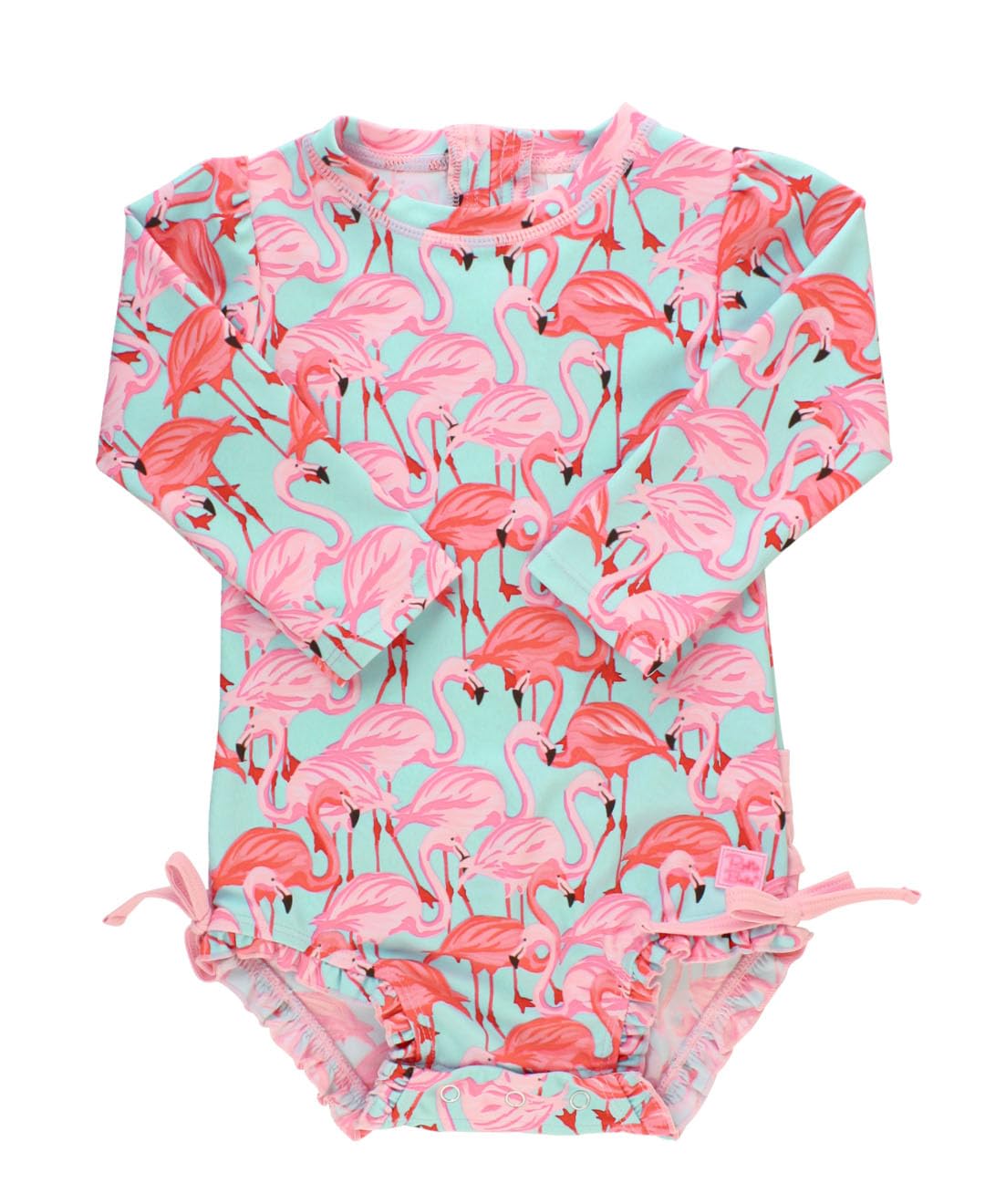 RuffleButts Baby Girls Novelty Baby One Piece - Rash Guard Swimsuit | 80% Nylon 20% Spandex, UPF 50+, Lightweight, Medium Stretch, Full Seat Coverage, Bottom Snaps, Unlined, Infant Beach Swim