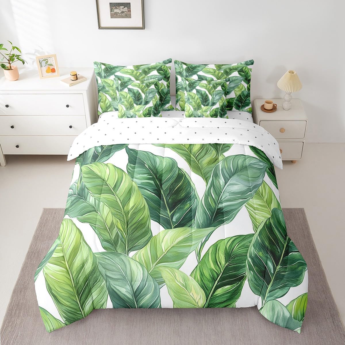 Erosebridal Palm Leaves Bedding Sets 7 Piece, Tropical Botanical Sheet Set with Comforter Twin Size, Green Leaf Comforter Set Vegetation Plant Bed in A Bag Bedding Comforter Sets, Green White